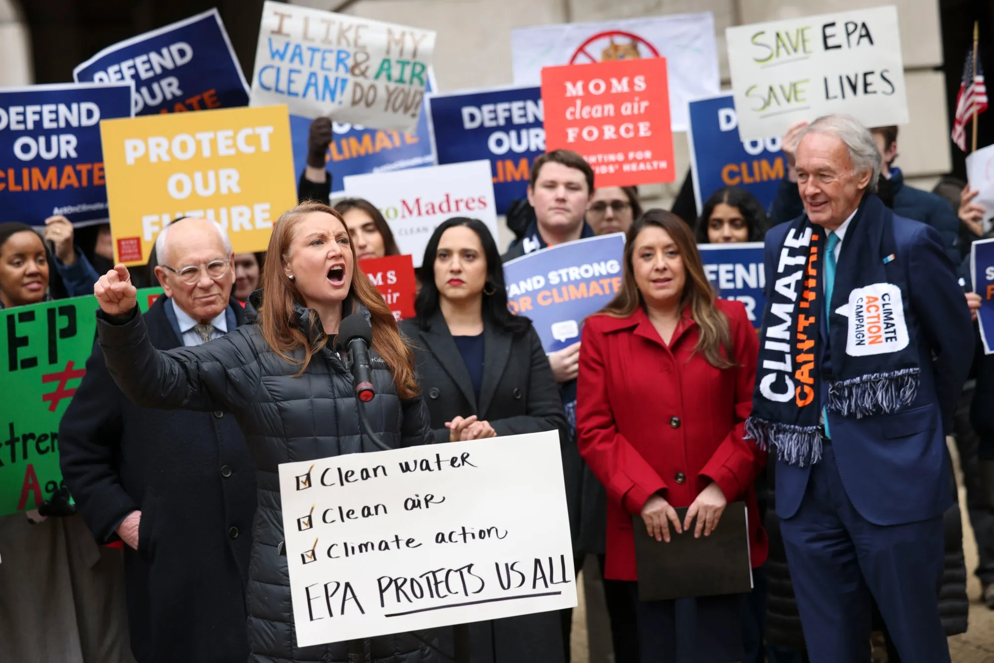 Representative Melanie Stansbury speaks outside of the Environmental Protection Agency headquarters in Washington, DC,&nbsp;on Feb. 6.