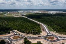 An aerial view showing two of the four new traffic circles built by Hyundai to mitigate the increased traffic from their Metaplant.