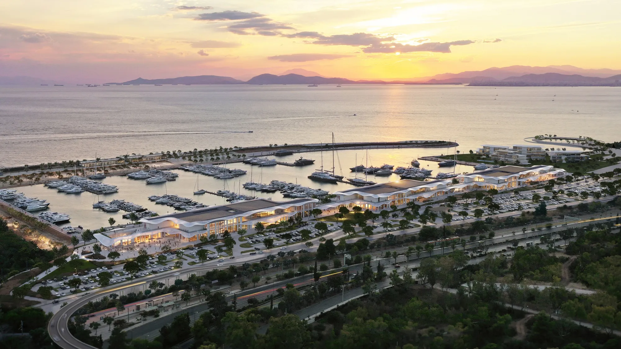 An illustration of the marina by the Riviera Galleria at the Ellinikon development in Athens.