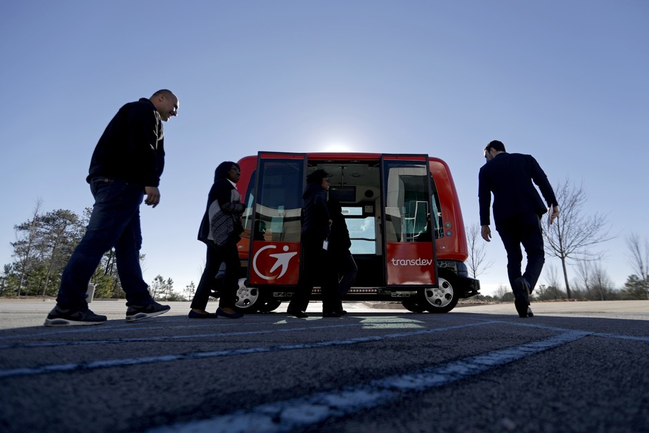 A driverless shuttle sits on display in Austell, Georgia. 