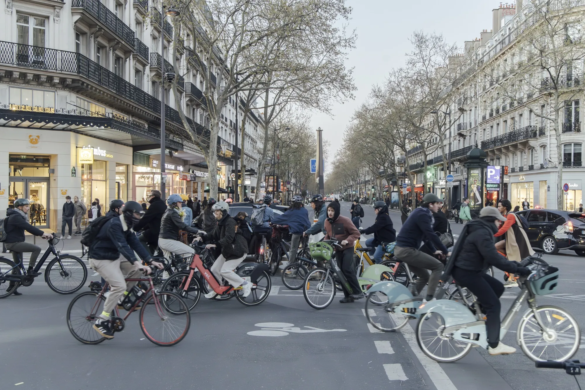 Cyclists on the Boulevard Sebastopol in Paris in March 2026. The bike counter on this Boulevard counted over 3 million bikes within the last year.