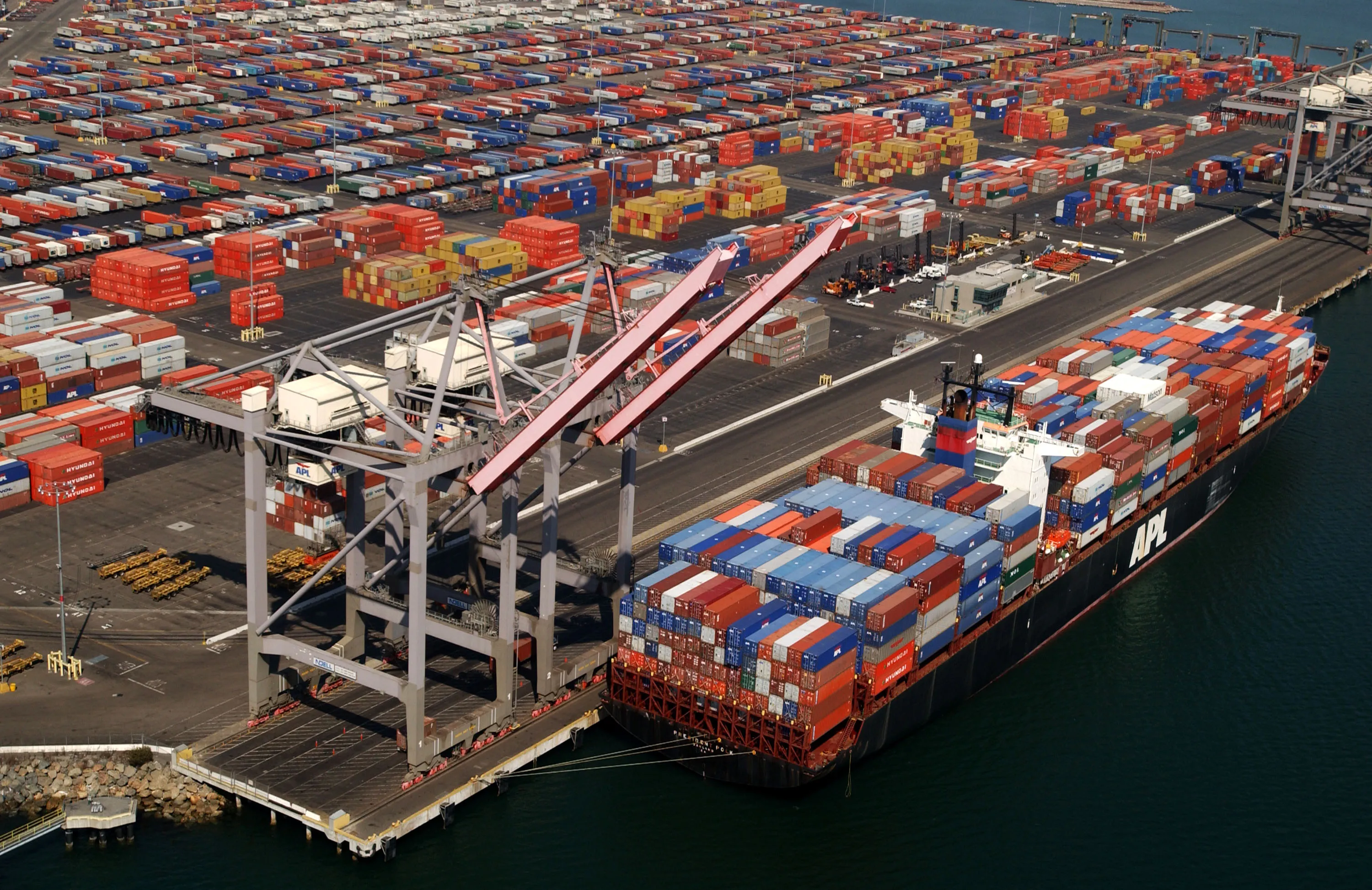 Shipping containers stacked in the Port of Los Angeles.