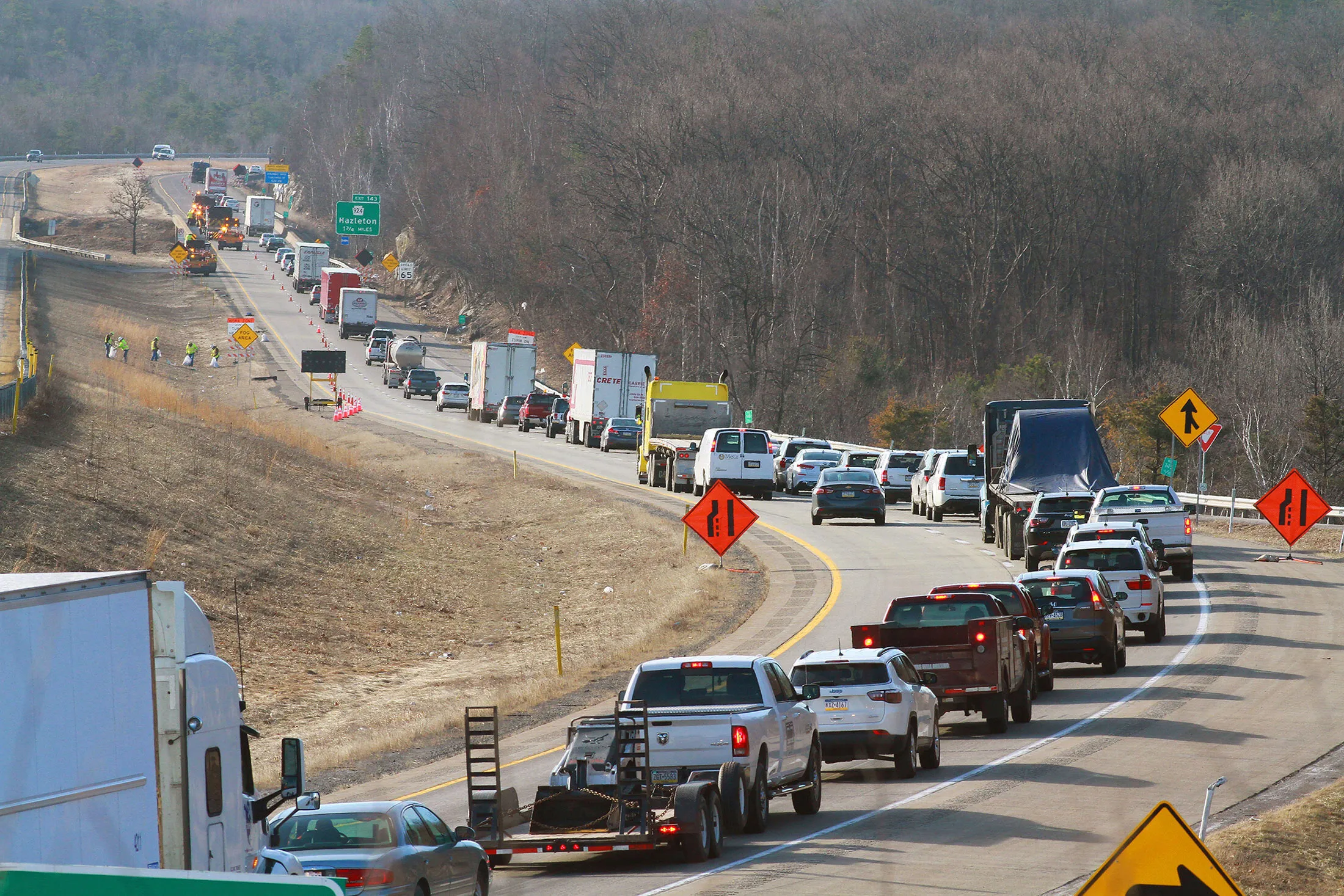 Backed-up traffic on Interstate 81, just before the southbound exit for West Hazleton, Pa.