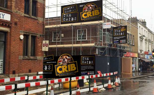 A hoarding for construction at The Cribs, SE19, featuring a British Bulldog and the Union Jack. (Crystal Bennes/Development Aesthetics)