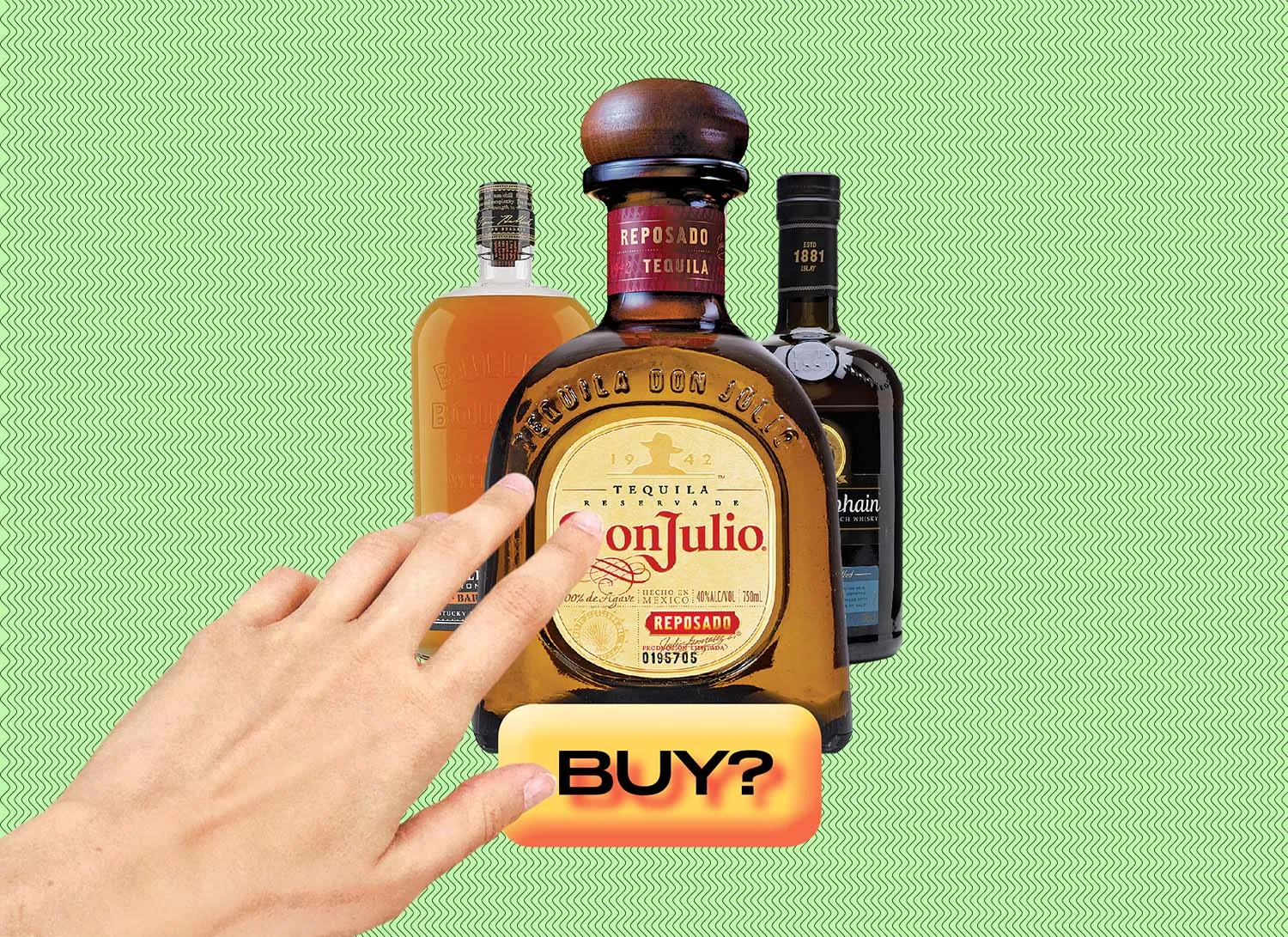 From left: Bulleit bourbon, Don Julio tequila,&nbsp;Bunnahabhain whisky.