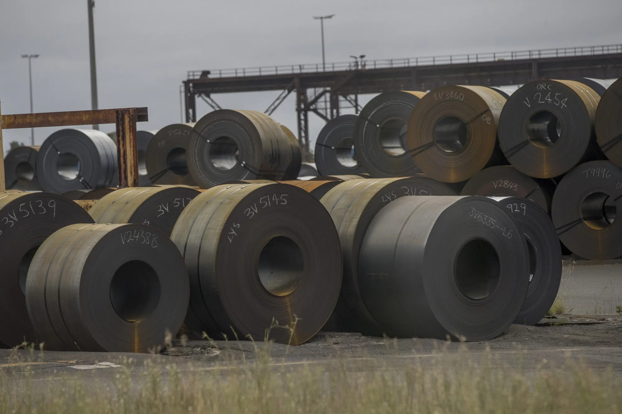 Slit steel coil rolls at BlueScope Steel Ltd. Port Kembla steelworks in Port Kembla, Australia.