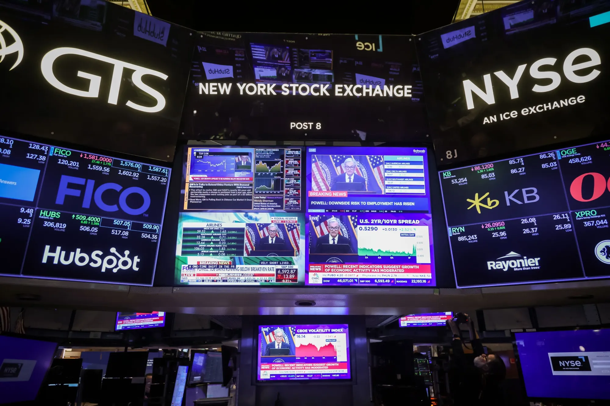 Television stations broadcast Jerome Powell after a Federal Open Market Committee meeting on the floor of the New York Stock Exchange.