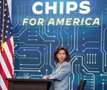 Gina Raimondo, US commerce secretary, as President Joe Biden speaks during a virtual meeting on the Chips Act in the Eisenhower Executive Office Building in Washington on July 25