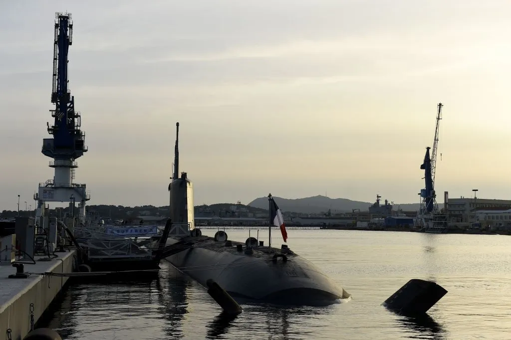 A French navy Barracuda class nuclear attack submarine docked in Toulon's harbour.