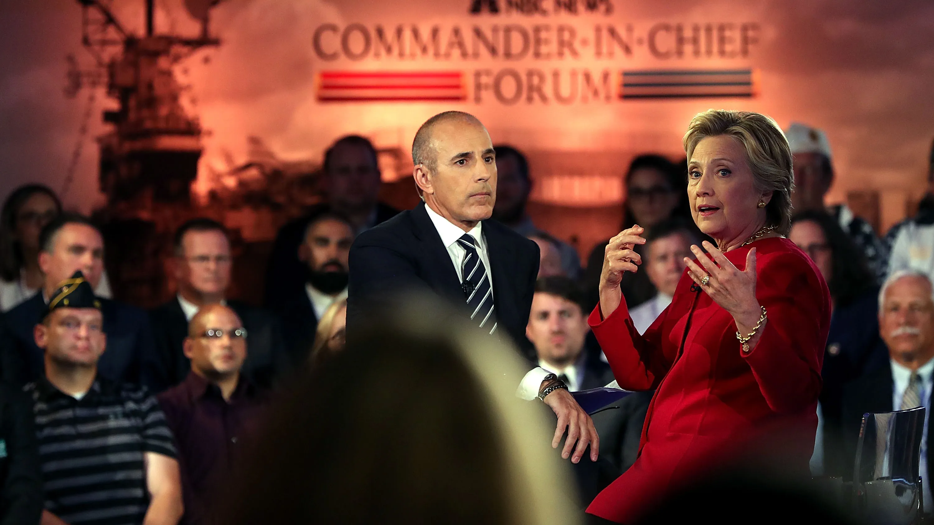 Matt Lauer looks on as Democratic presidential nominee Hillary Clinton speaks during the NBC News Commander-in-Chief Forum on September 7, 2016 in New York City.
