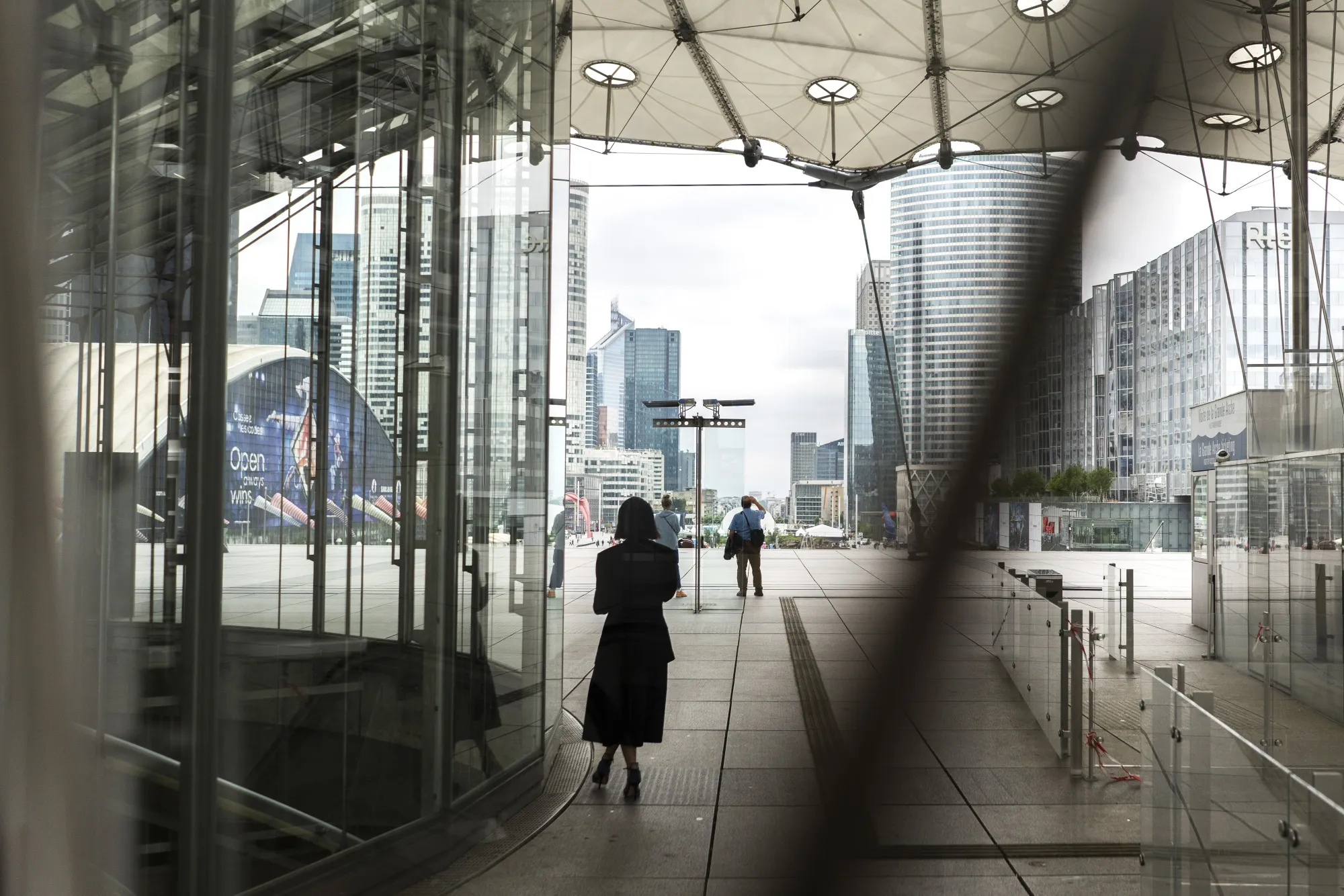 City workers in the La Defense business district of Paris.