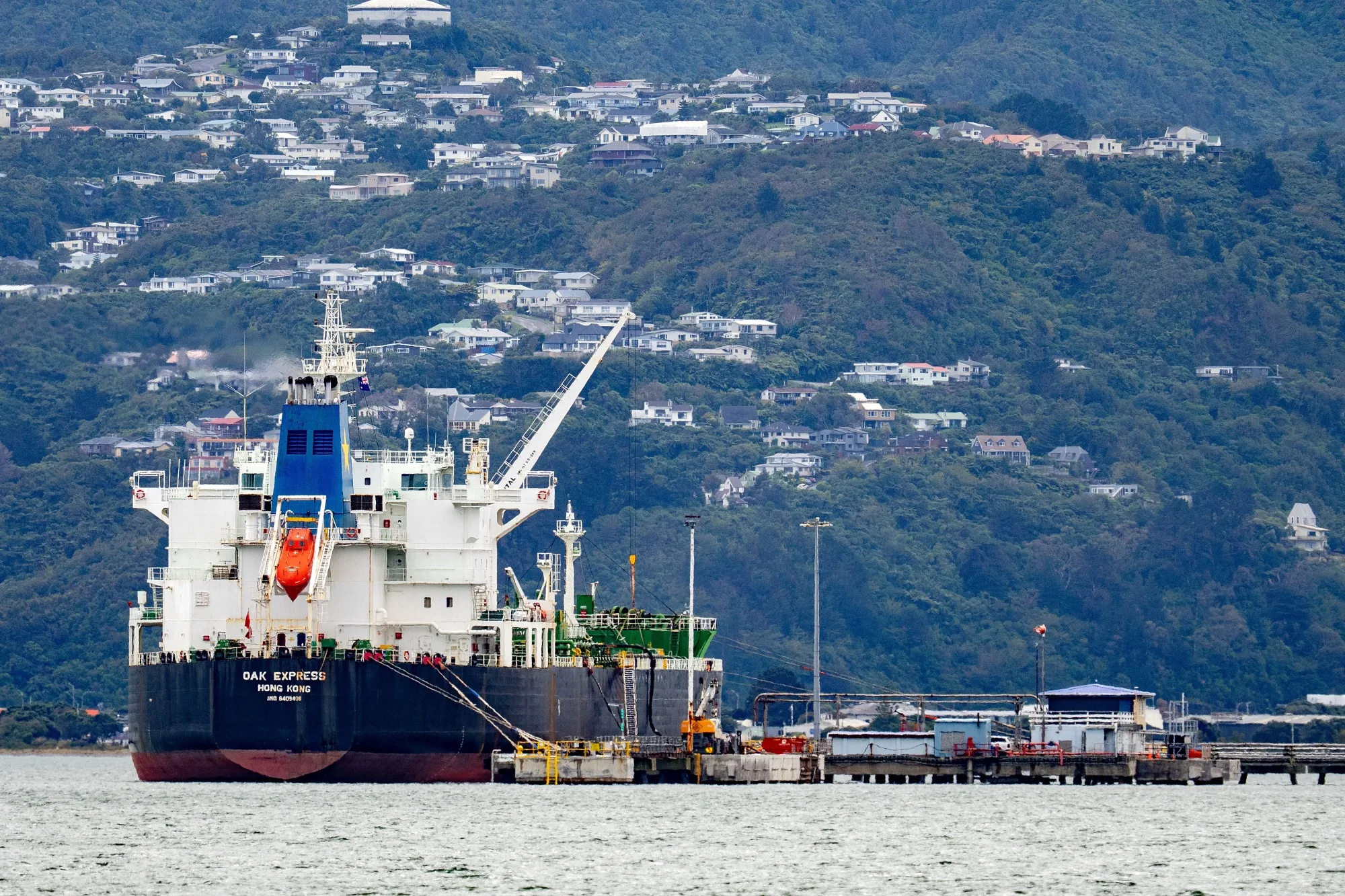 The Oak Express tanker unloads oil at the Seaview fuel terminal at Point Howard in Wellington.