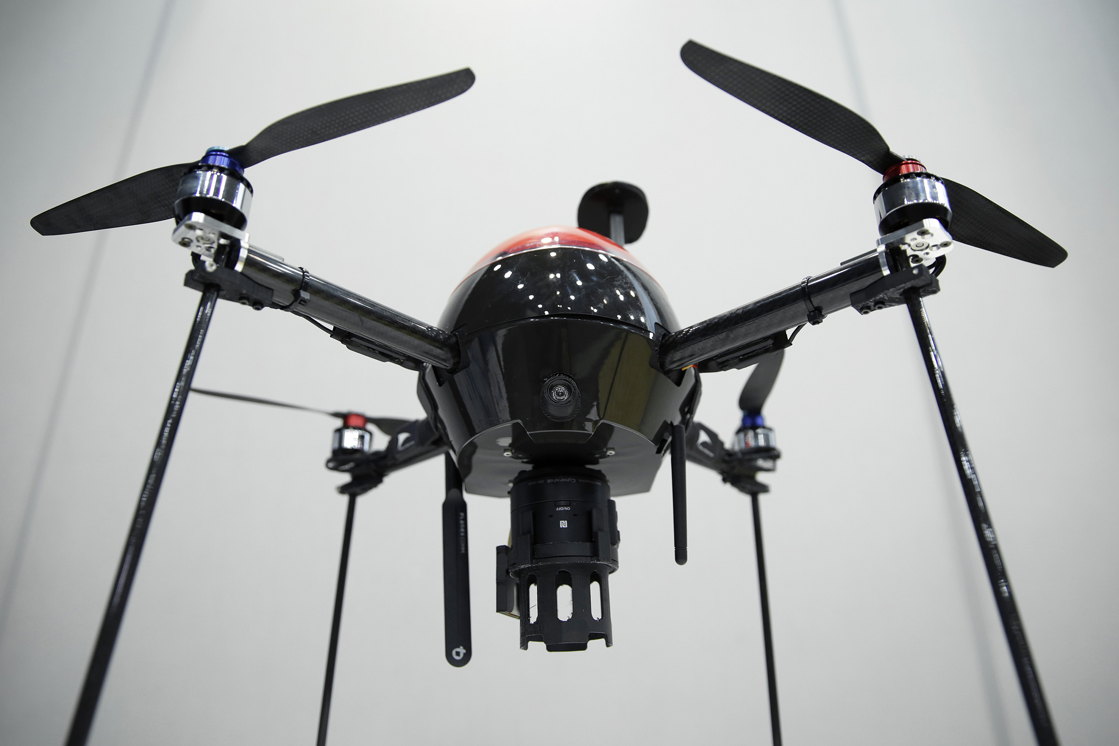 The AS-MC01-P multicopter unmanned aerial vehicle (UAV), developed by Aerosense Inc., a joint venture between Sony Mobile Communications Inc. and ZMP Inc.
