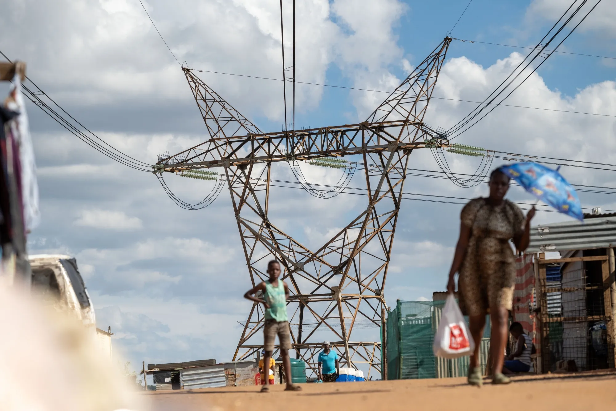 An electrical transmission tower and power lines in the Ekurhuleni municipality of Johannesburg.