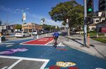 A reconfigured intersection in downtown Culver City in&nbsp;Los Angeles features bike and bus lanes. The city has been slow to add street improvements called for in a 2015 mobility plan.&nbsp;