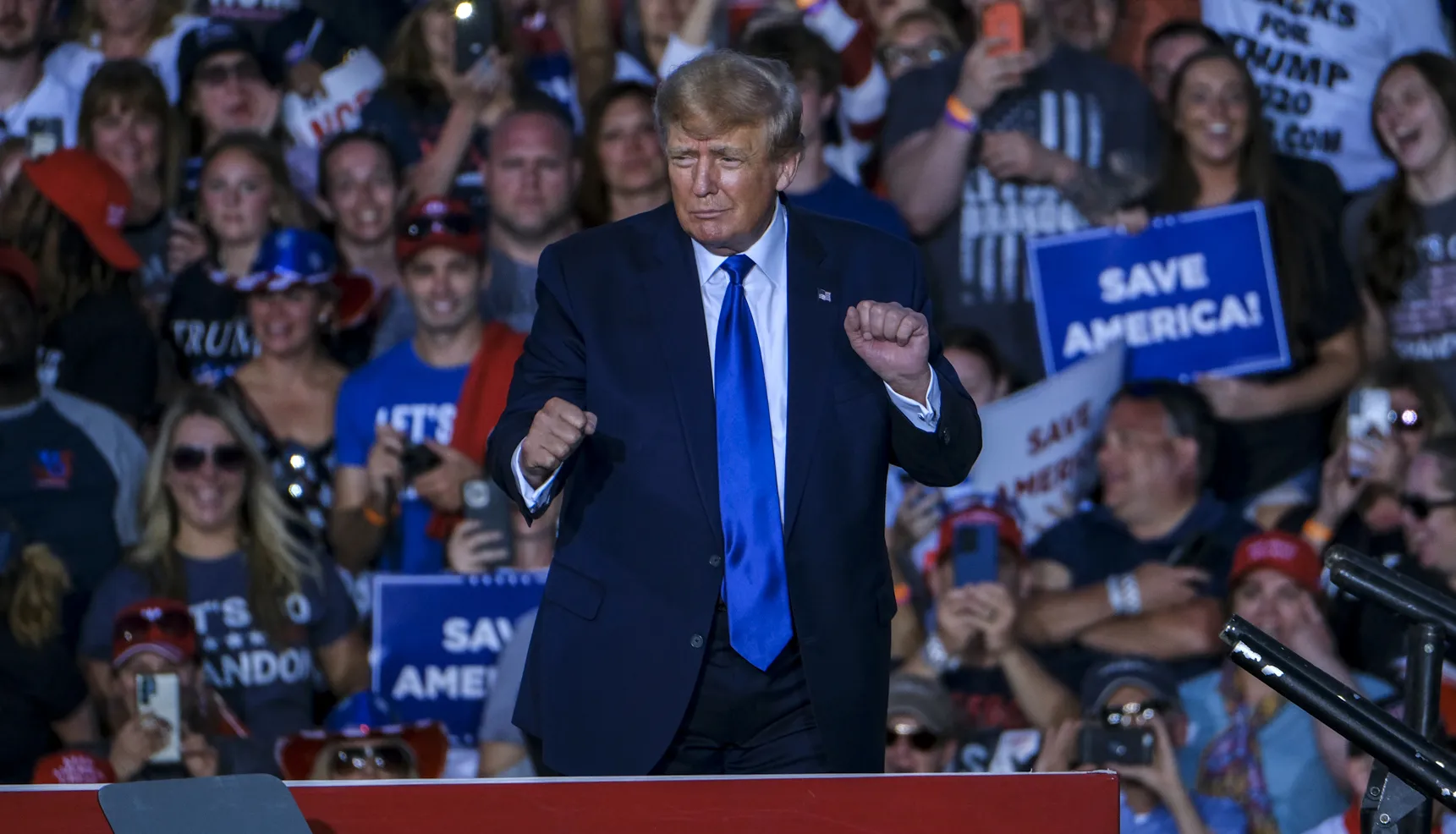Trump dances as he leaves the stage during the 'Save America' rally at the Delaware County Fairgrounds in Delaware, Ohio, on April 23.