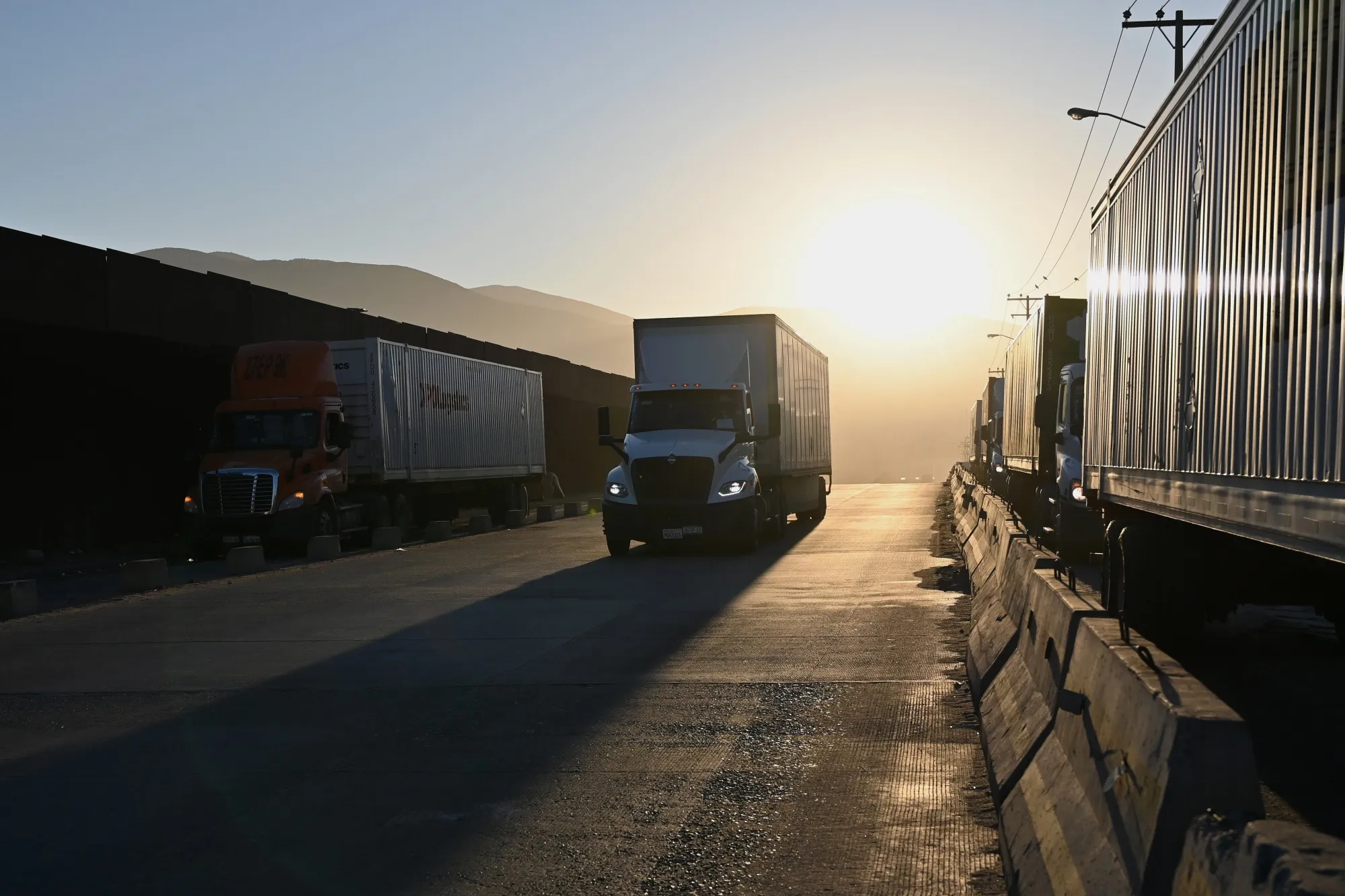 Tractor trailers at the Otay Mesa Port of Entry, on the US-Mexico border in Tijuana, Baja California, Mexico, on&nbsp;Aug. 30.