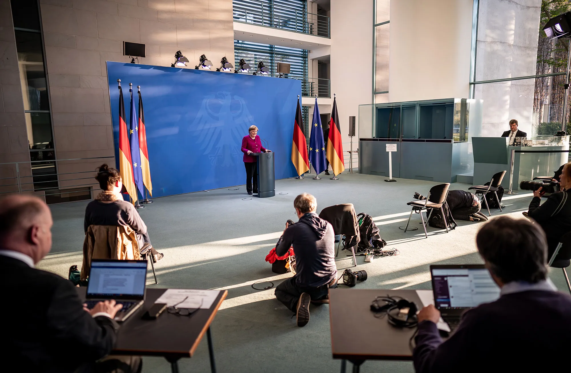 Angela Merkel addresses a news conference at the Chancellery in Berlin on April 23.