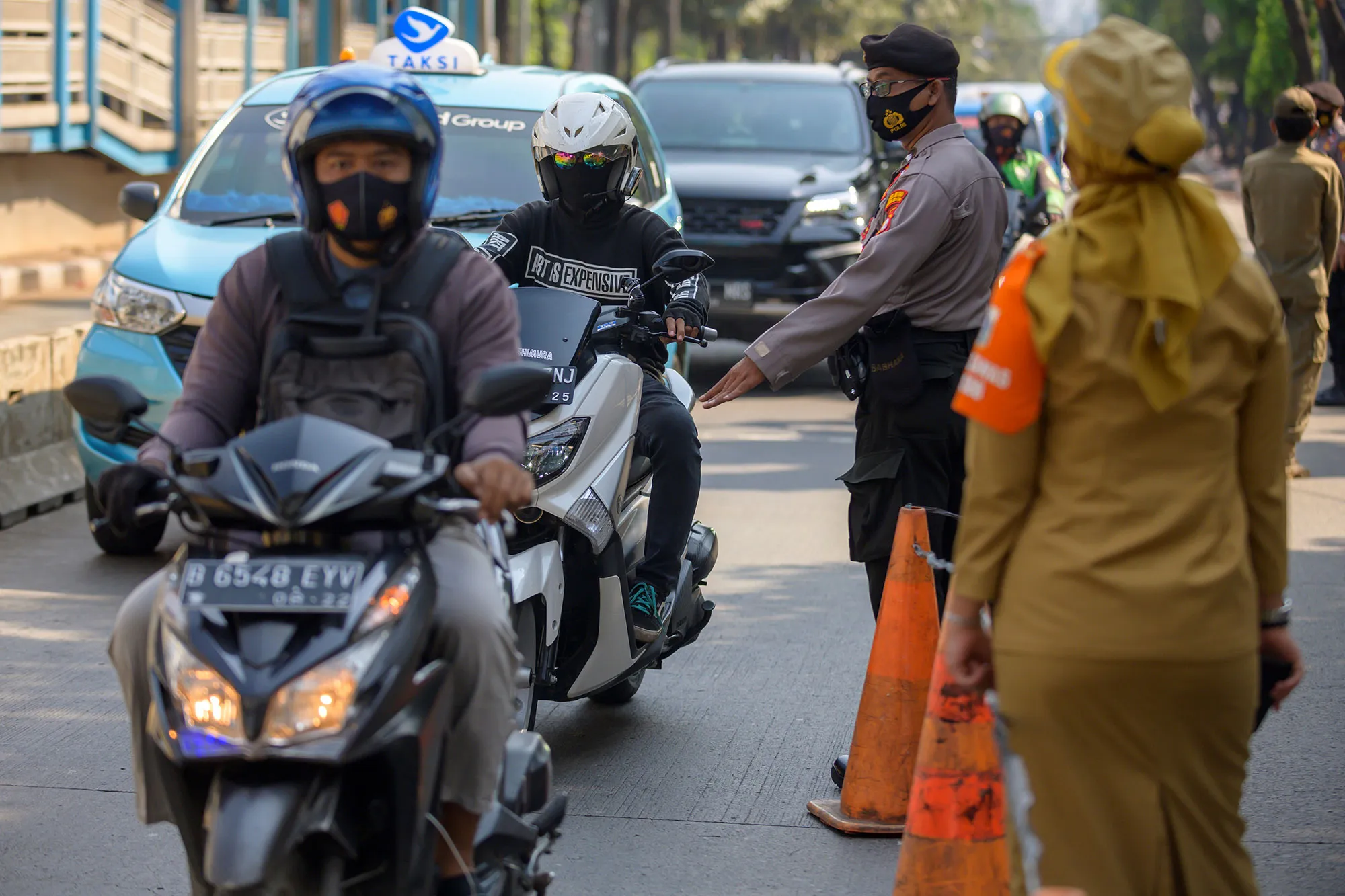 A check point during&nbsp;partial lockdown in Jakarta, Sept. 17.