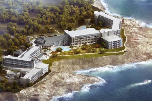 A aerial perspective rendering of the Cliff House, in Ogunquit.