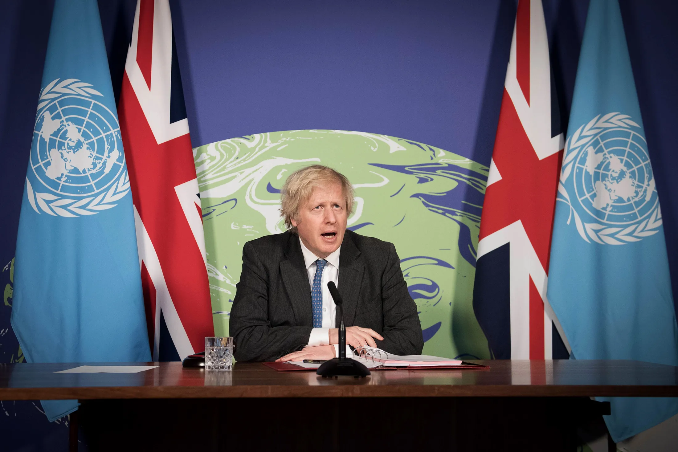 Boris Johnson chairs a session of the UN Security Council on climate change in London on Feb. 23.