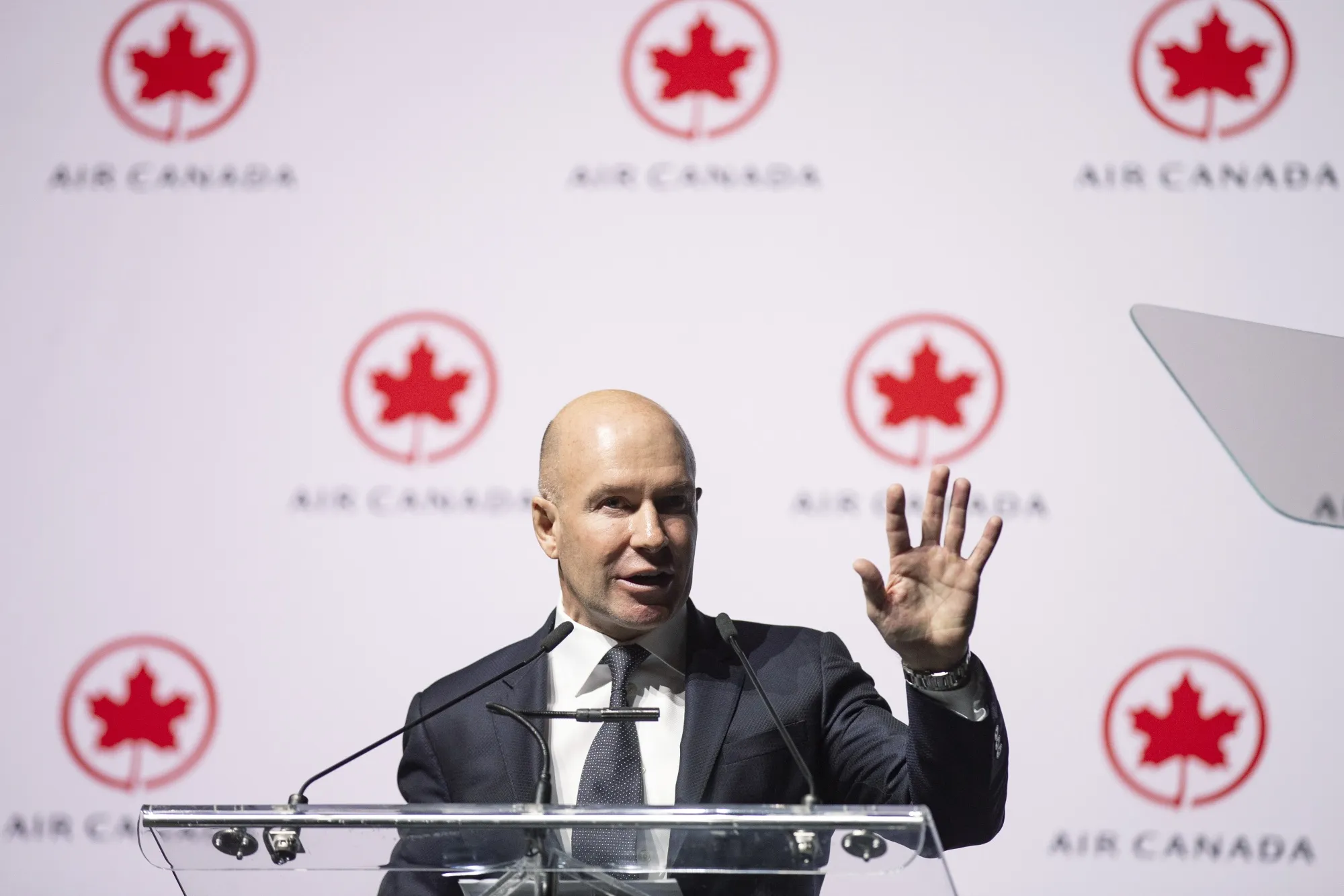 Bombardier CEO Alain Bellemare speaks during the unveiling of Air Canada's first Airbus SE A220-300 in Montreal on Jan. 15, 2020.