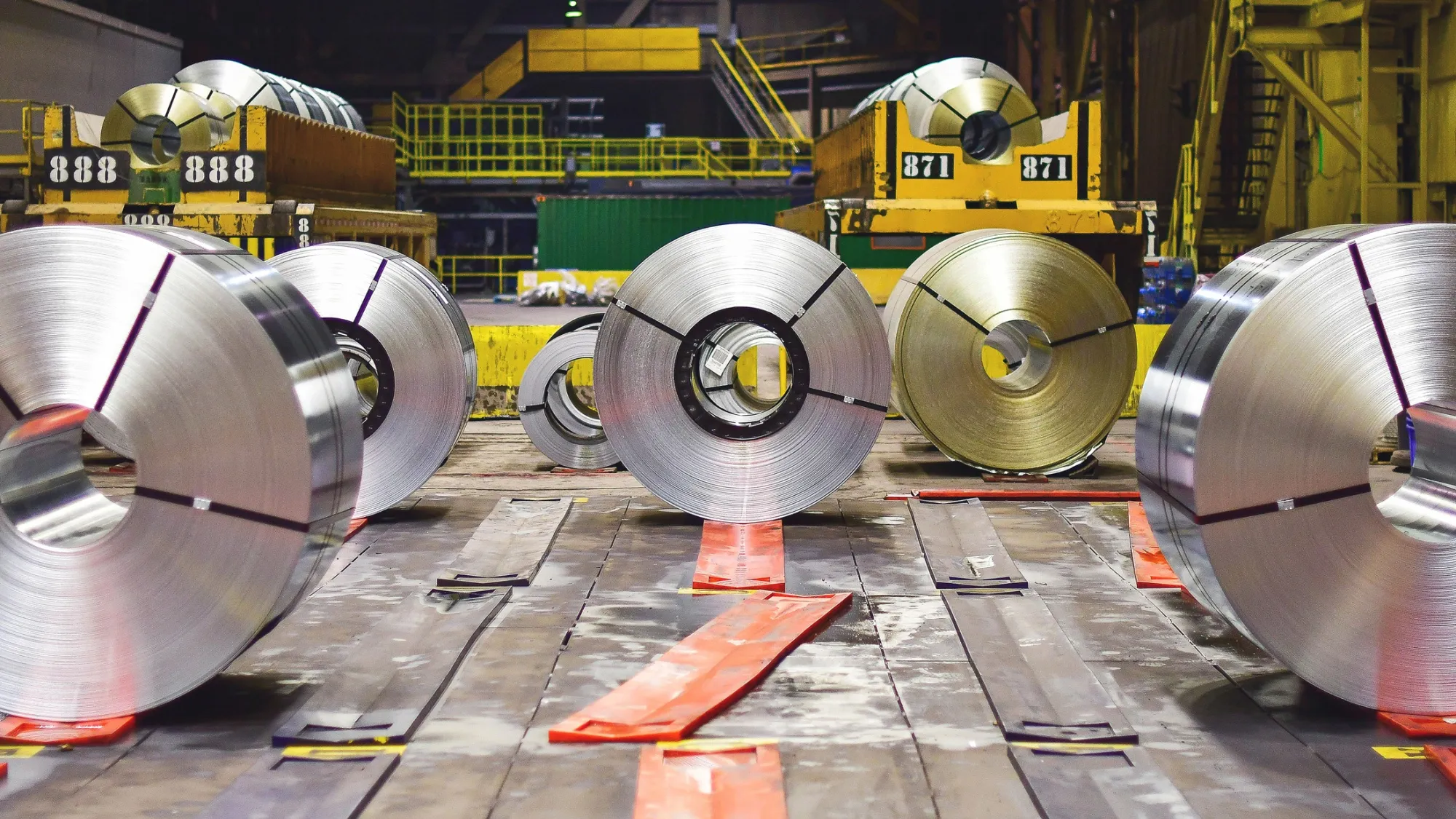Rolls of coiled steel at a Canadian steel plant.