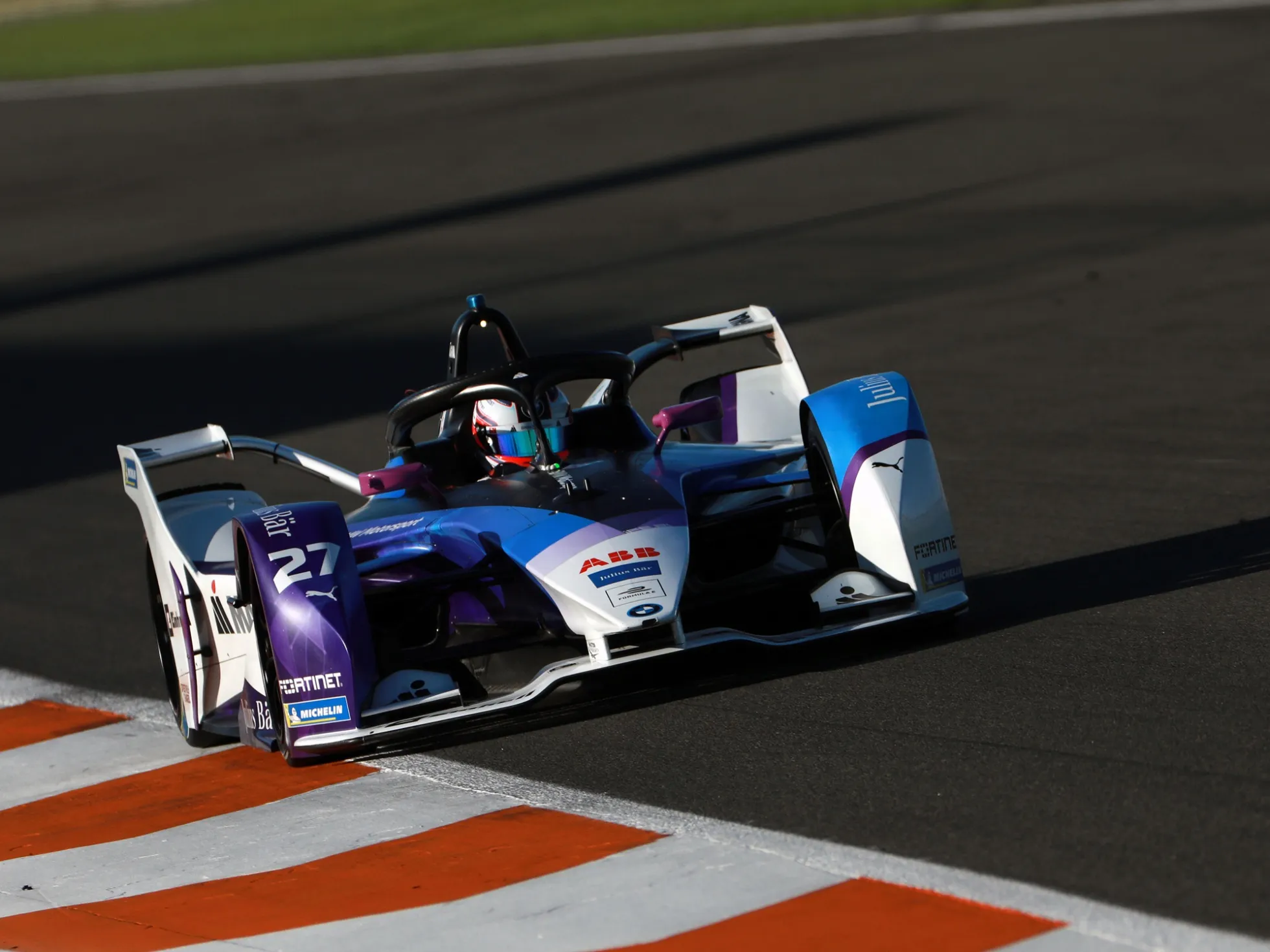Jake Dennis drives the no. 27 BMW i Andretti Motorsport Formula E racecar.