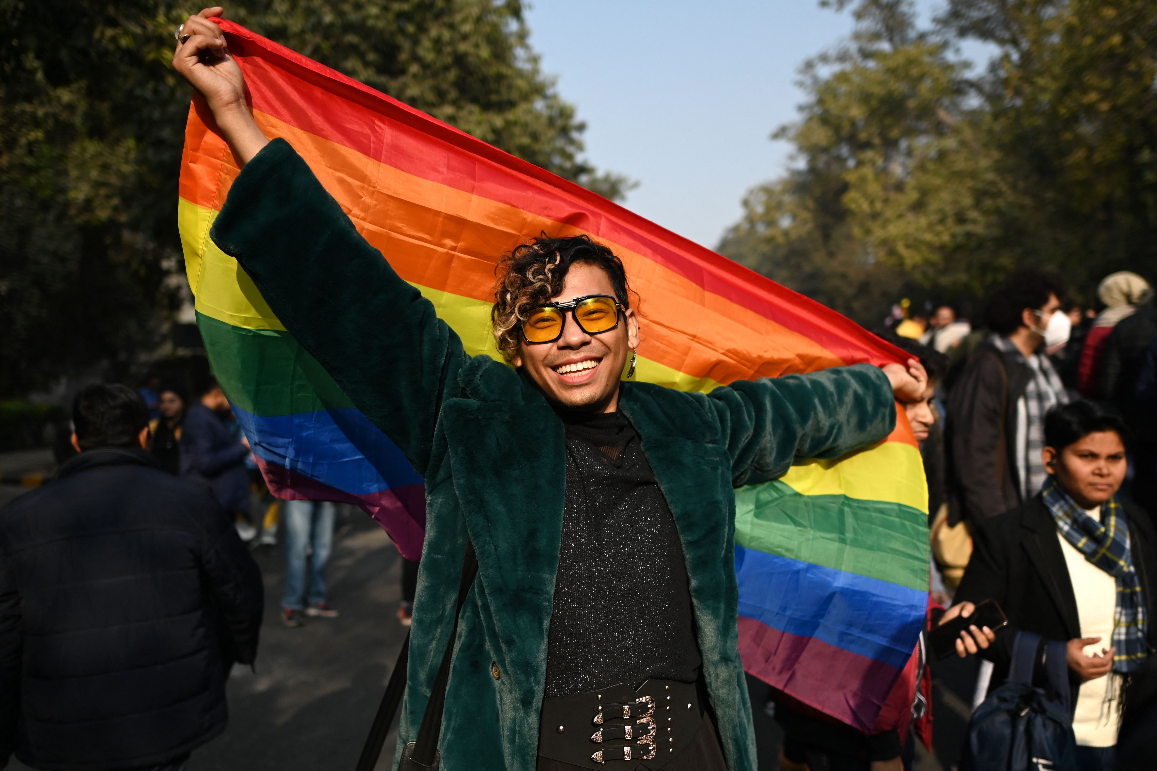 Gender rights activists and supporters of LGBTQ community walk during a&nbsp;queer pride parade in New Delhi on Jan. 8.