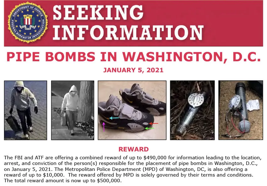 A file image of a notice released by the Federal Bureau of Investigation regarding pipe bombs planted outside offices of the Democratic and Republican national committees.