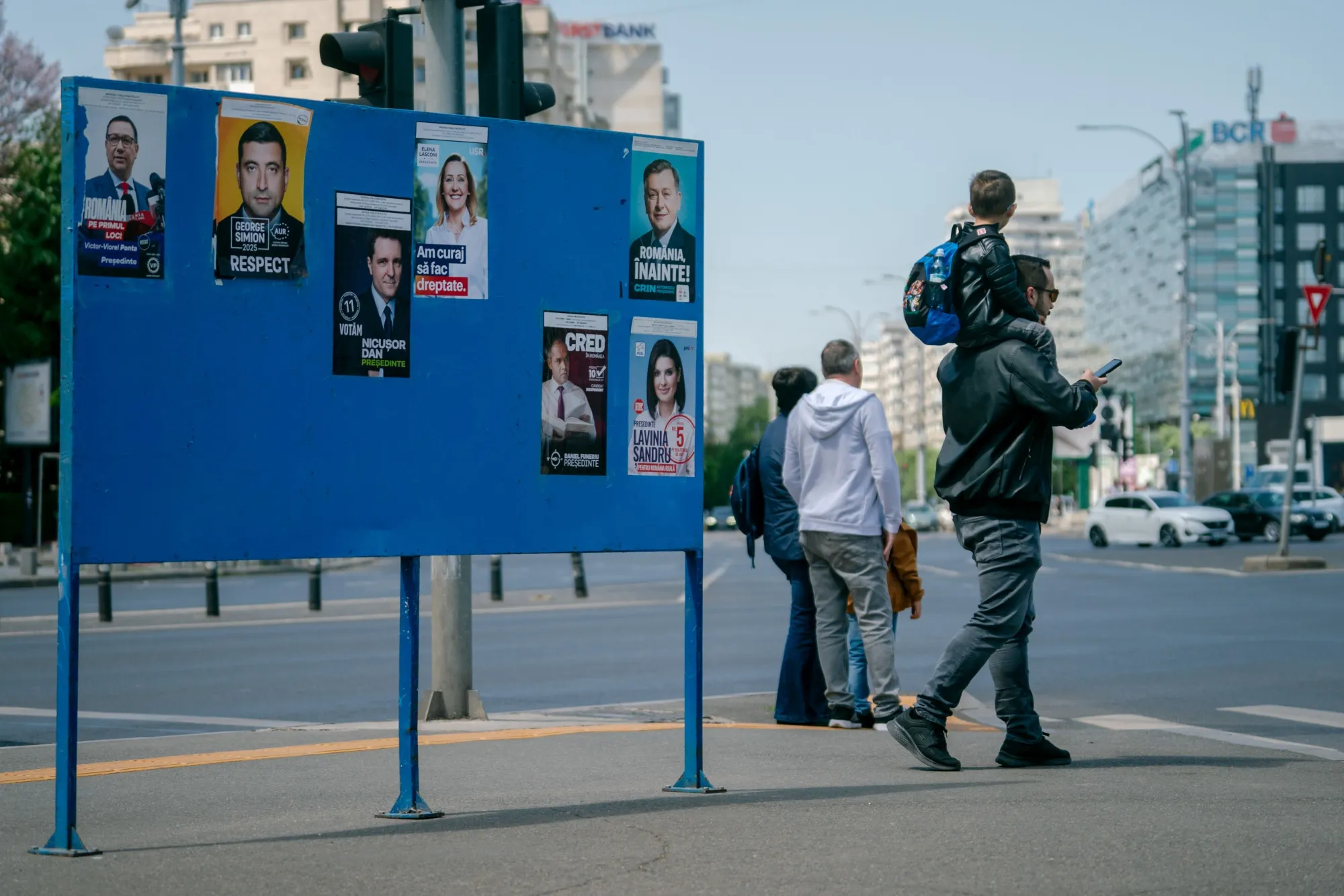 Campaign posters for presidential candidates in Bucharest.