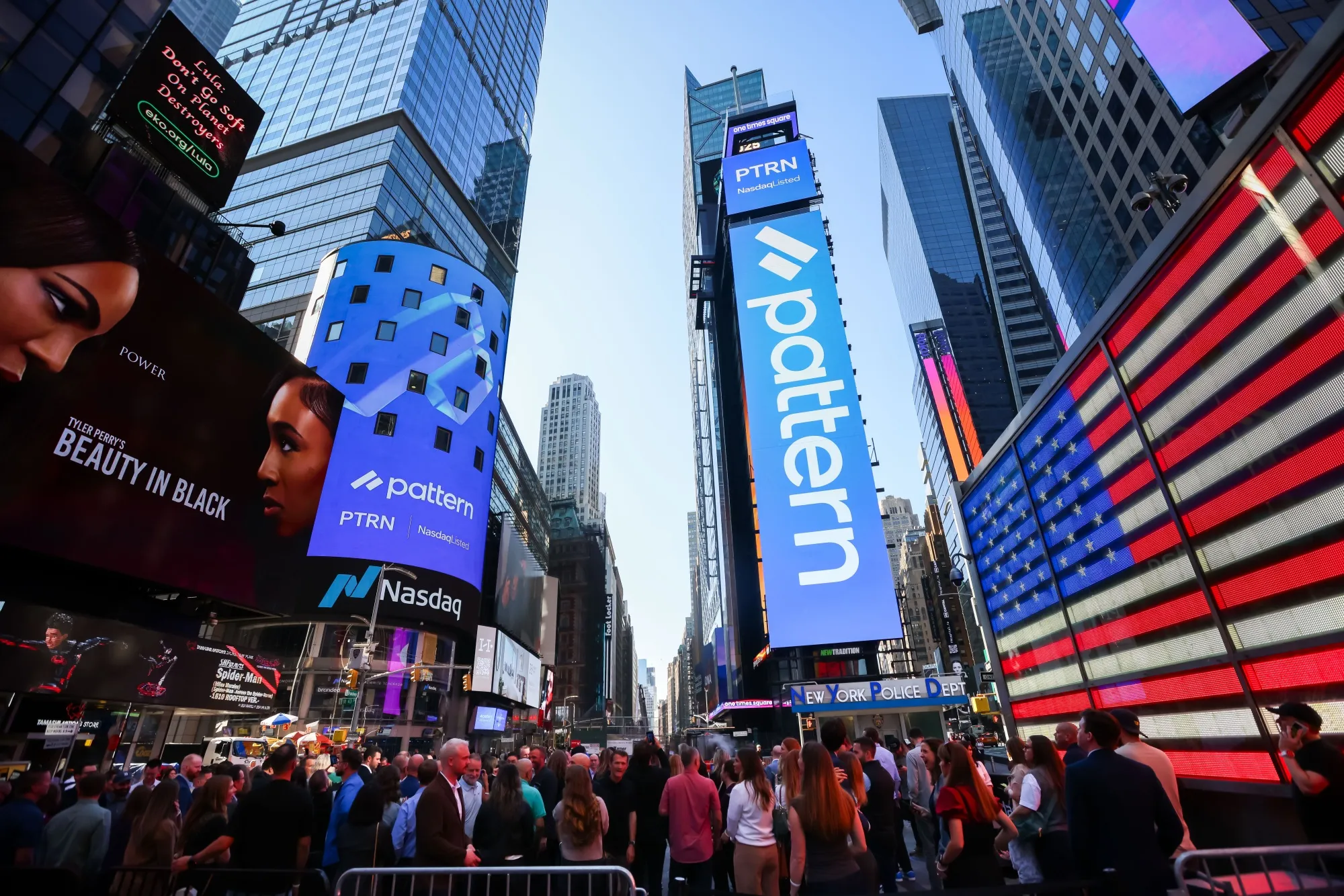 Pattern Group Inc. signage during the company's&nbsp;IPO at the Nasdaq MarketSite in New York on&nbsp;Sept. 19.