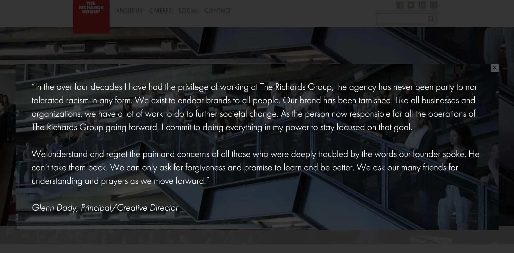 The Richards Group homepage, showing an apology letter on Oct. 15
