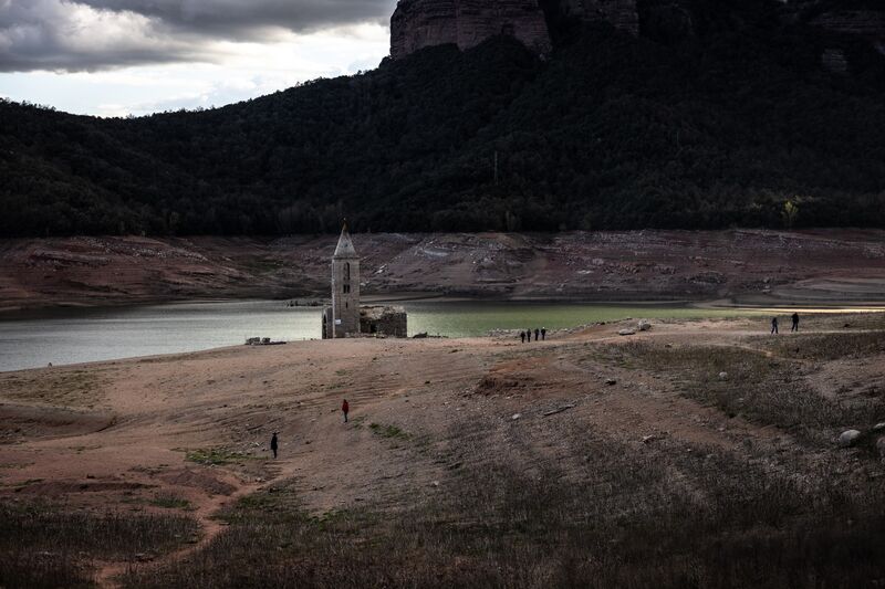 The ruins of the Sant Romà de Sau church in Spain, exposed by low water levels in the Sau reservoir.