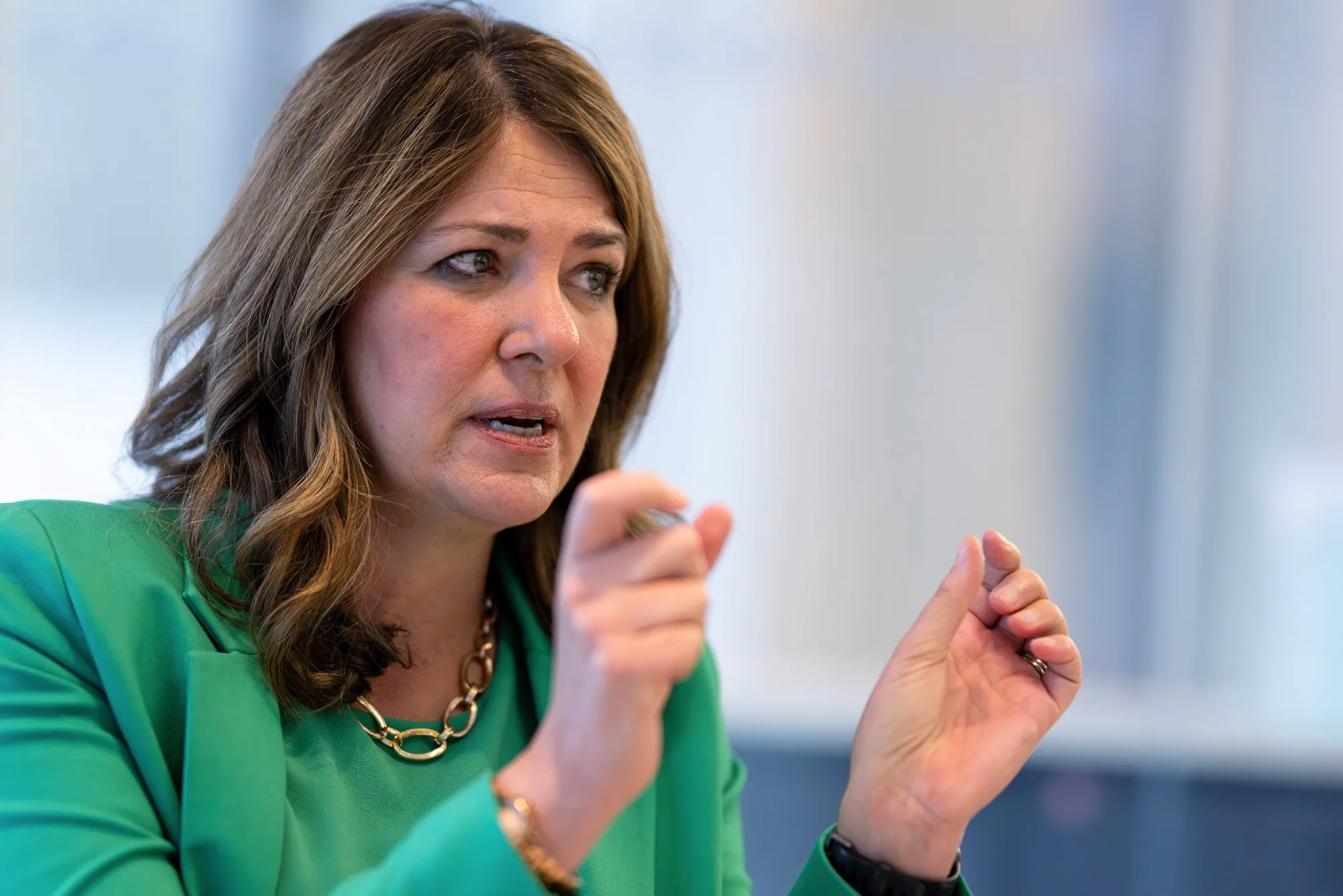 Danielle Smith speaks in an interview at Bloomberg’s Calgary bureau.