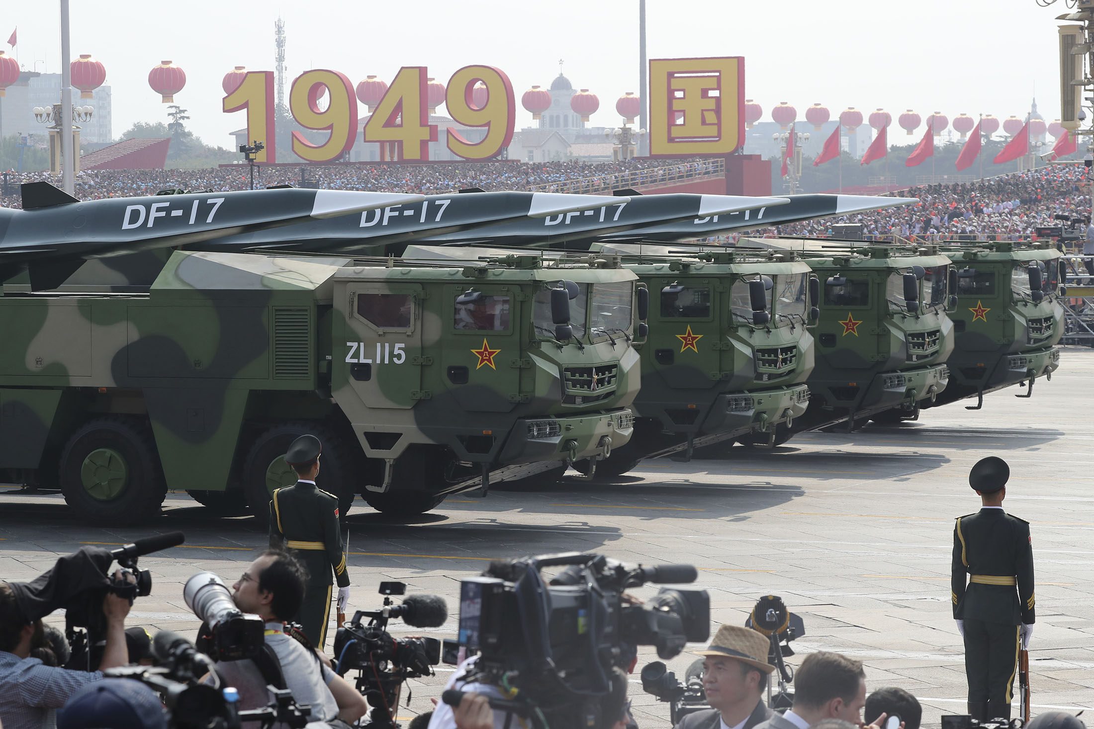 Military vehicles carrying DF-17 missiles during a 2019 parade in Beijing celebrating the 70th anniversary of the founding of the Chinese Communist Party. 