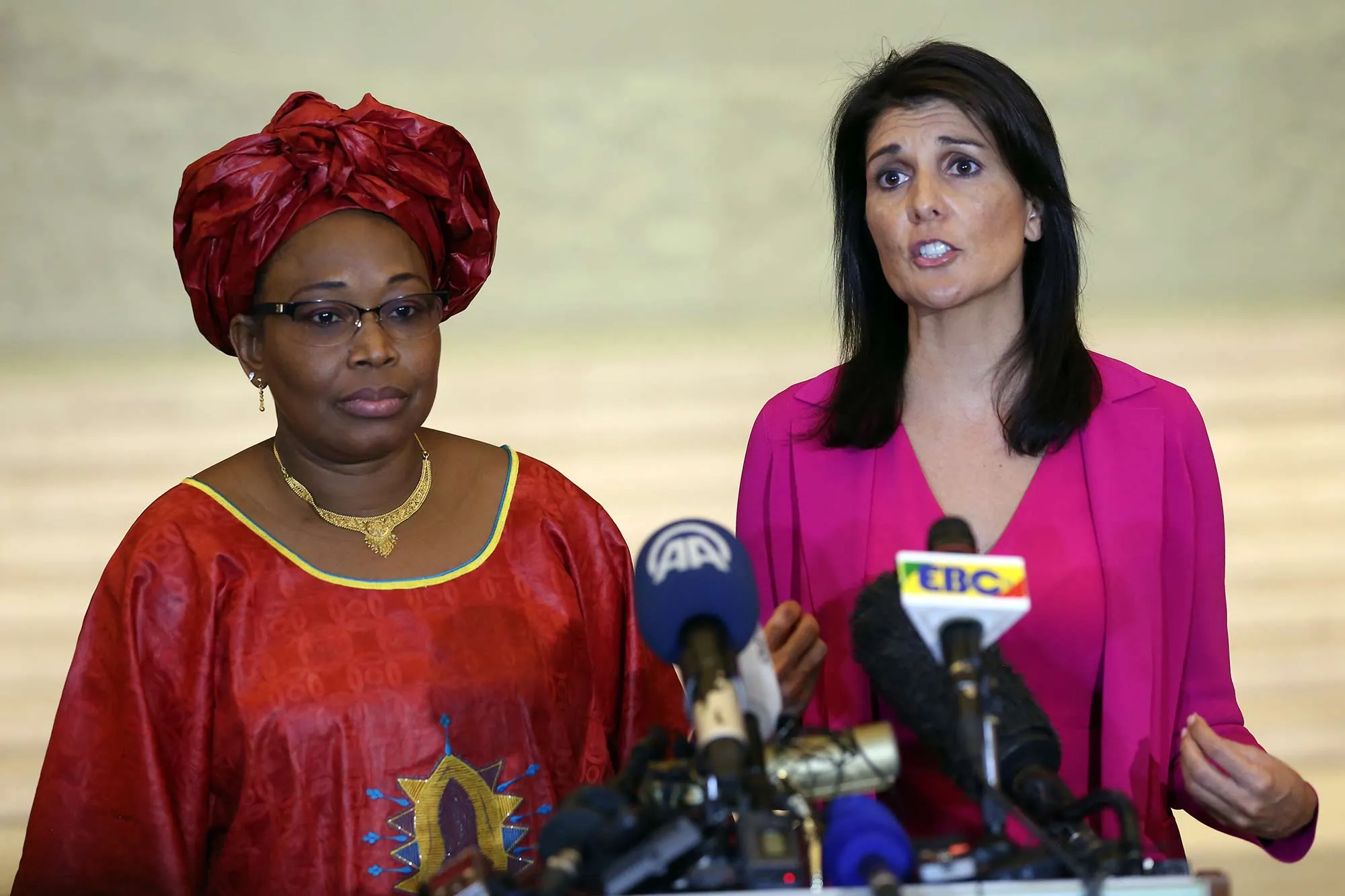 U.S. Ambassador to the United Nations Nikki Haley, right, and African Union Commissioner for Political Affairs, Minata Samate Cessouma, left, hold a joint press conference in Addis Ababa, Ethiopia on October 23.
