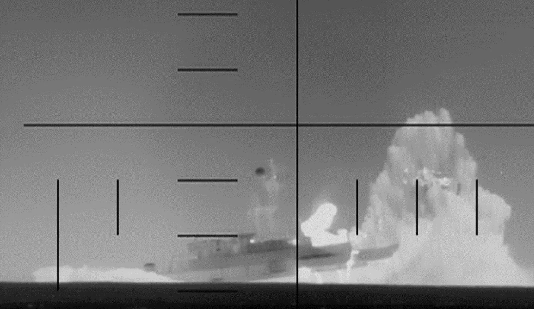 An Iranian warship is reportedly struck by a US torpedo in the Indian Ocean, from footage released by the US Department of Defense on March 4.