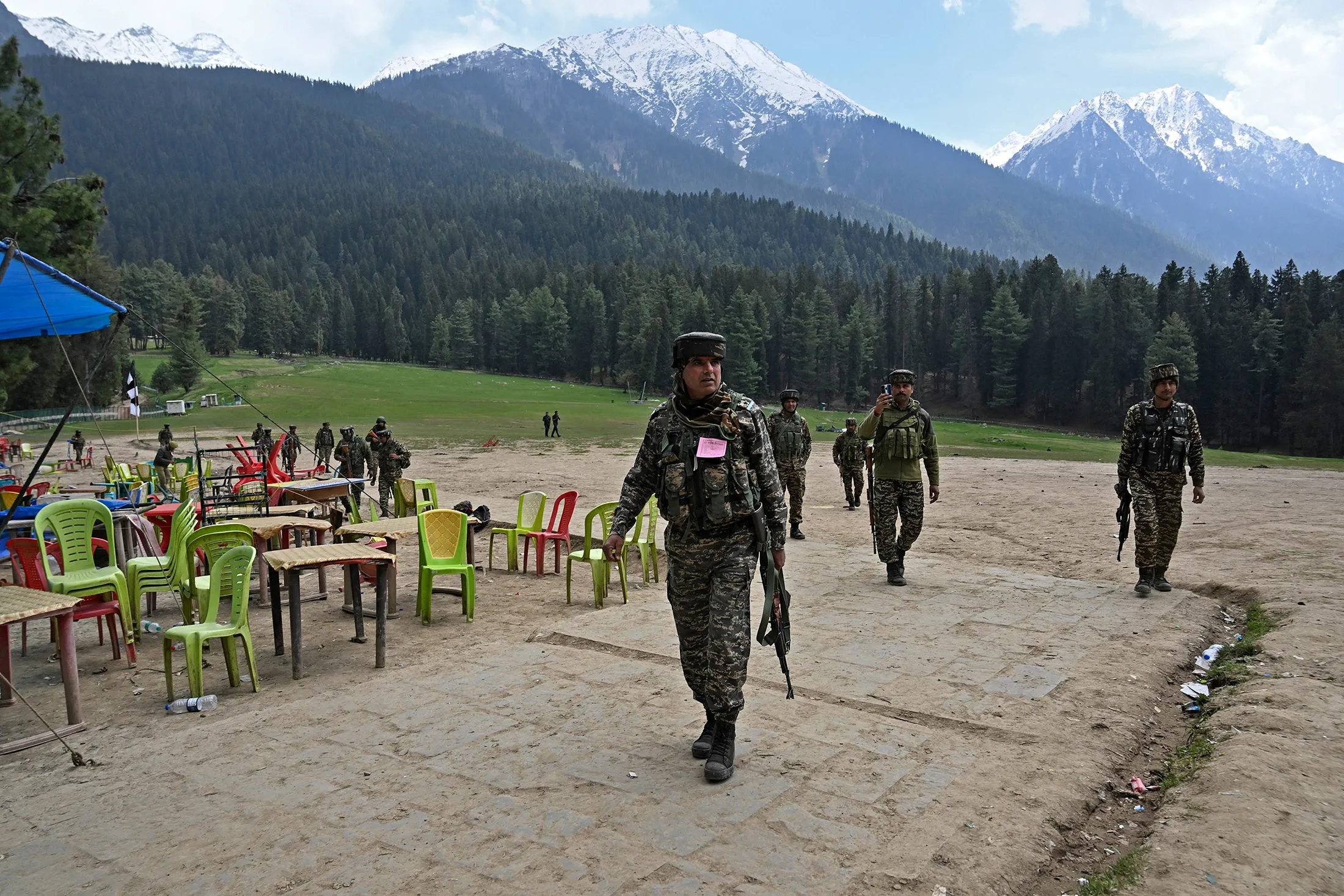 Security personnel inspect the site in the aftermath of an attack&nbsp;in Pahalgam&nbsp;on April 23.