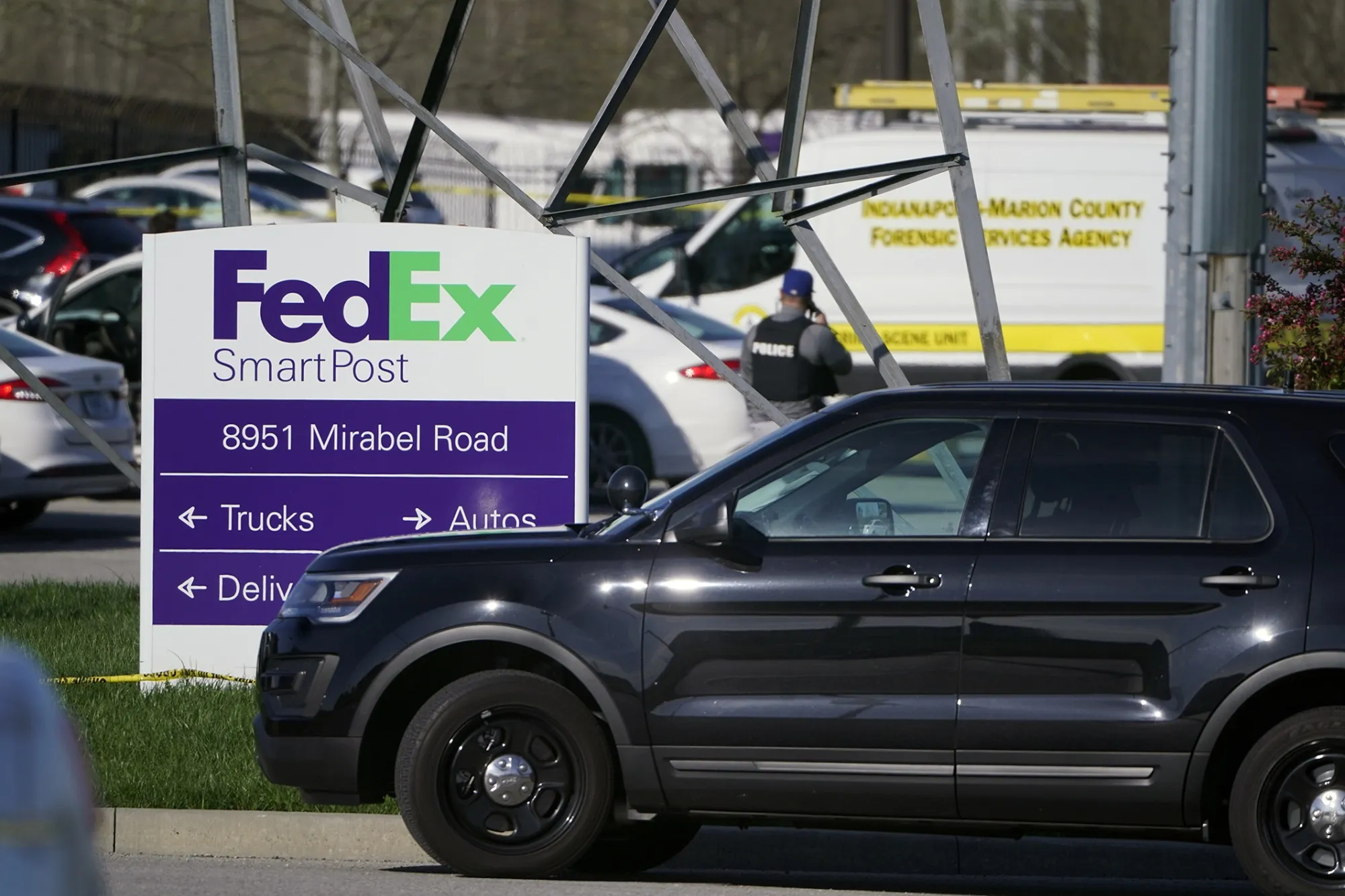 A police vehicle at the FedEx facility near the Indianapolis airport.