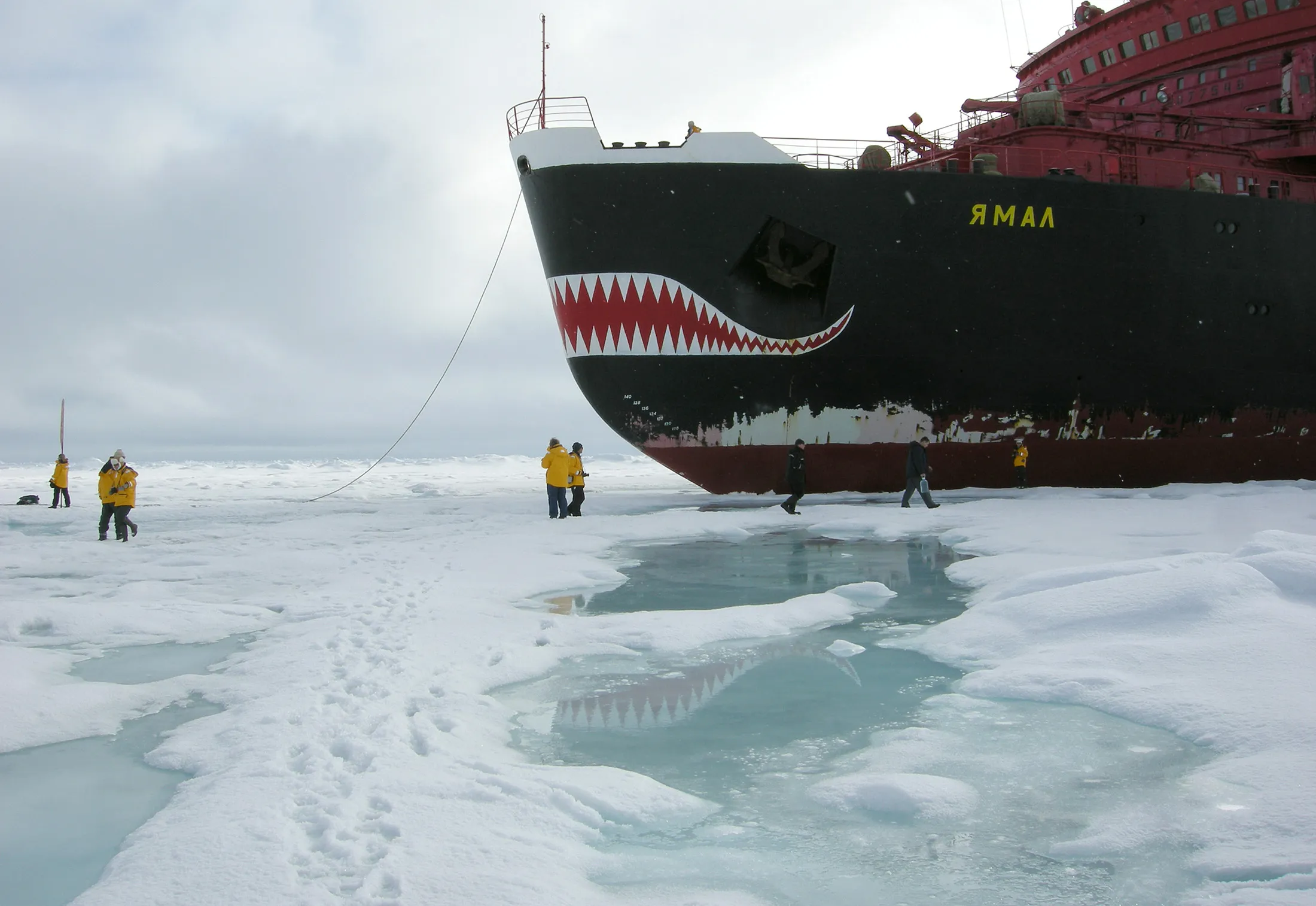 The Russian nuclear-powered icebreaker, Yamal, traveling through the Arctic Ocean on its way to the North Pole.
