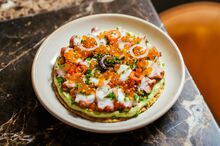 Metzi's fish and octopus salpicao (salad) mexican tostada.