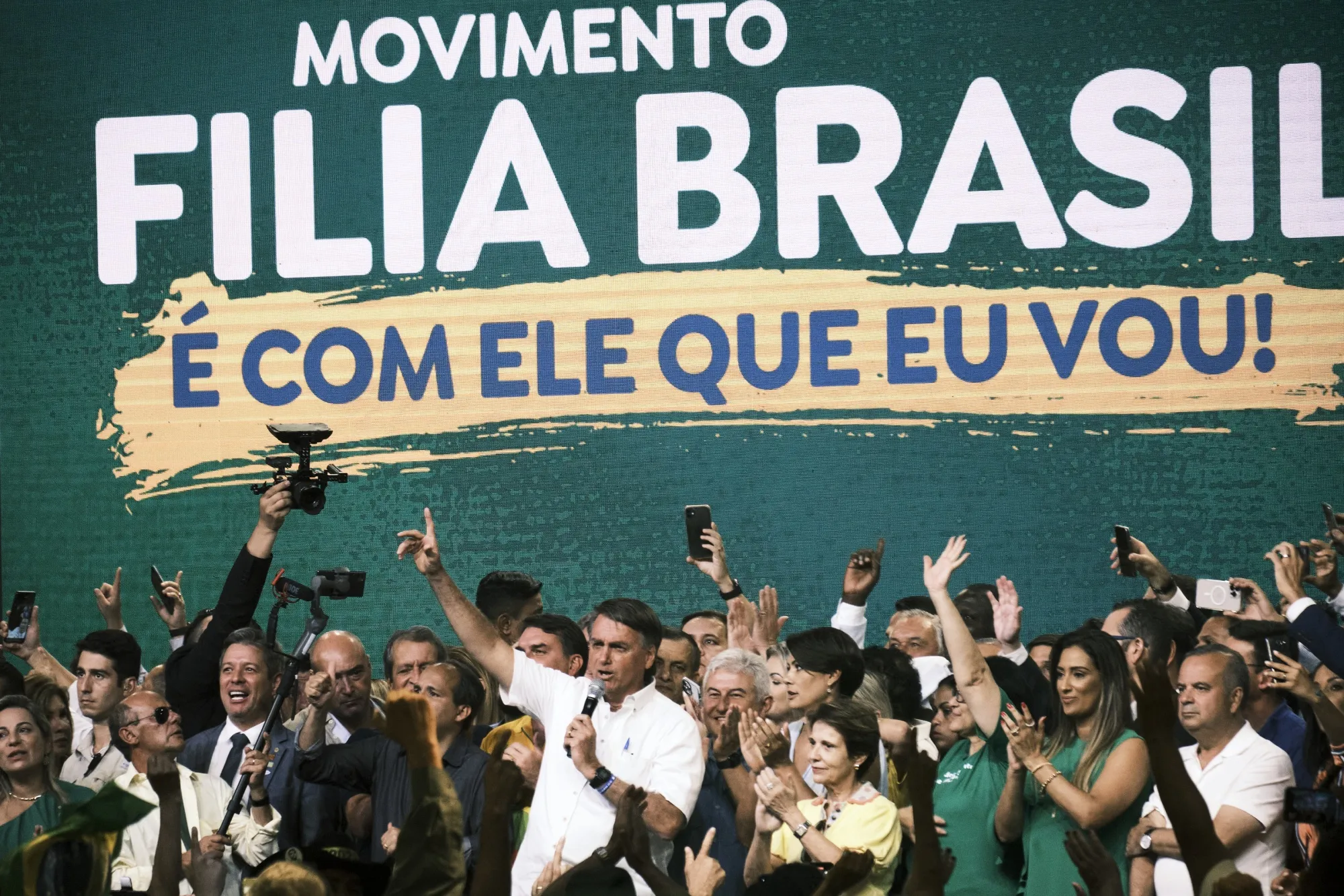 Jair Bolsonaro, center,&nbsp;during a re-election campaign event in Brasilia.