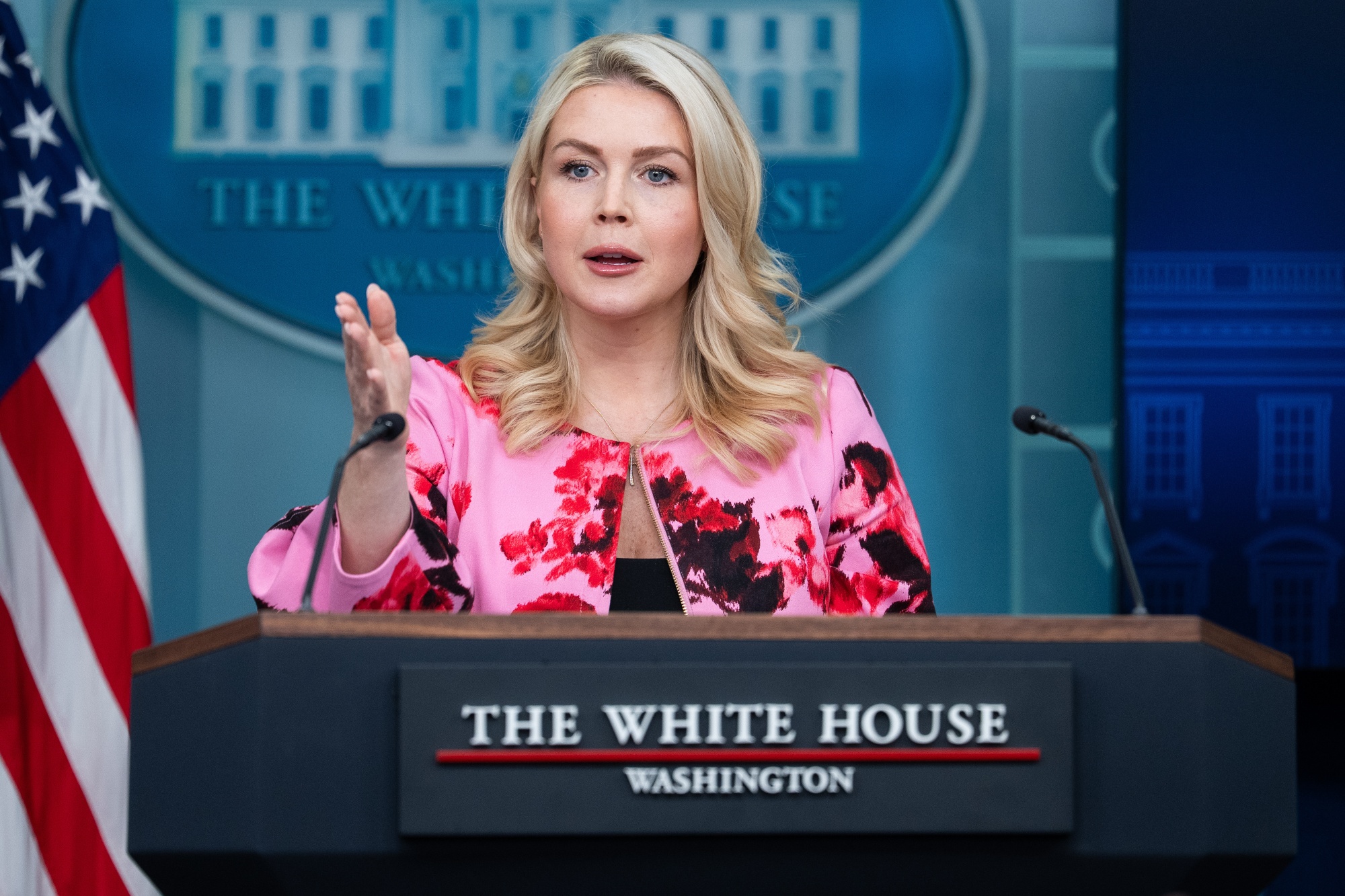 Karoline Leavitt, White House press secretary, during a news conference in the James S. Brady Press Briefing Room of the White House in Washington, DC, US, on Monday, March 30, 2026. President Donald Trump repeated threats to destroy Iranian energy assets if the Strait of Hormuz isn't reopened soon, raising fears the war could escalate after more American troops arrived in the region. Photographer: Aaron Schwartz/Bloomberg