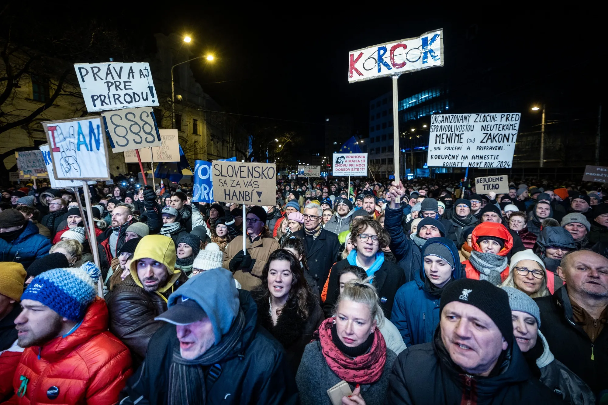People attend a demonstration to protest against the government's plan to close a special prosecutor's office, in Bratislava, Slovakia&nbsp;on Jan. 11.