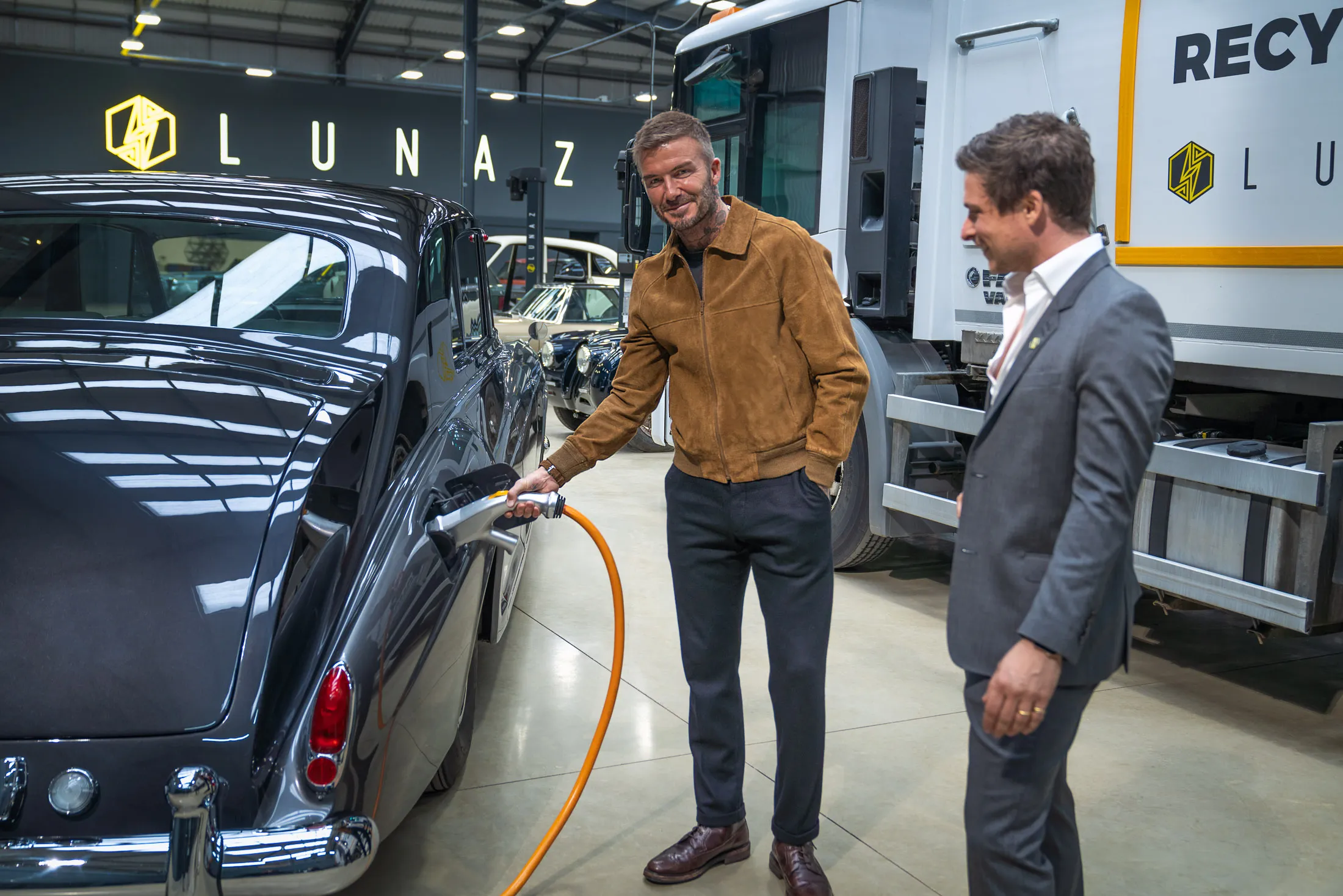David Beckham at Lunaz headquarters in Silverstone, England. The company declined to confirm whether the celebrity footballer is a client.&nbsp;