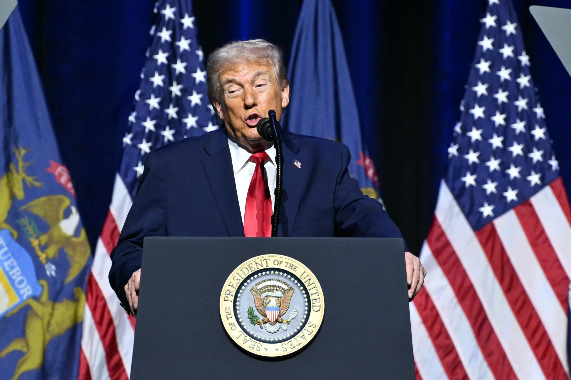 US President Donald Trump speaks at the Detroit Economic Club in Detroit on Jan. 13.&nbsp;