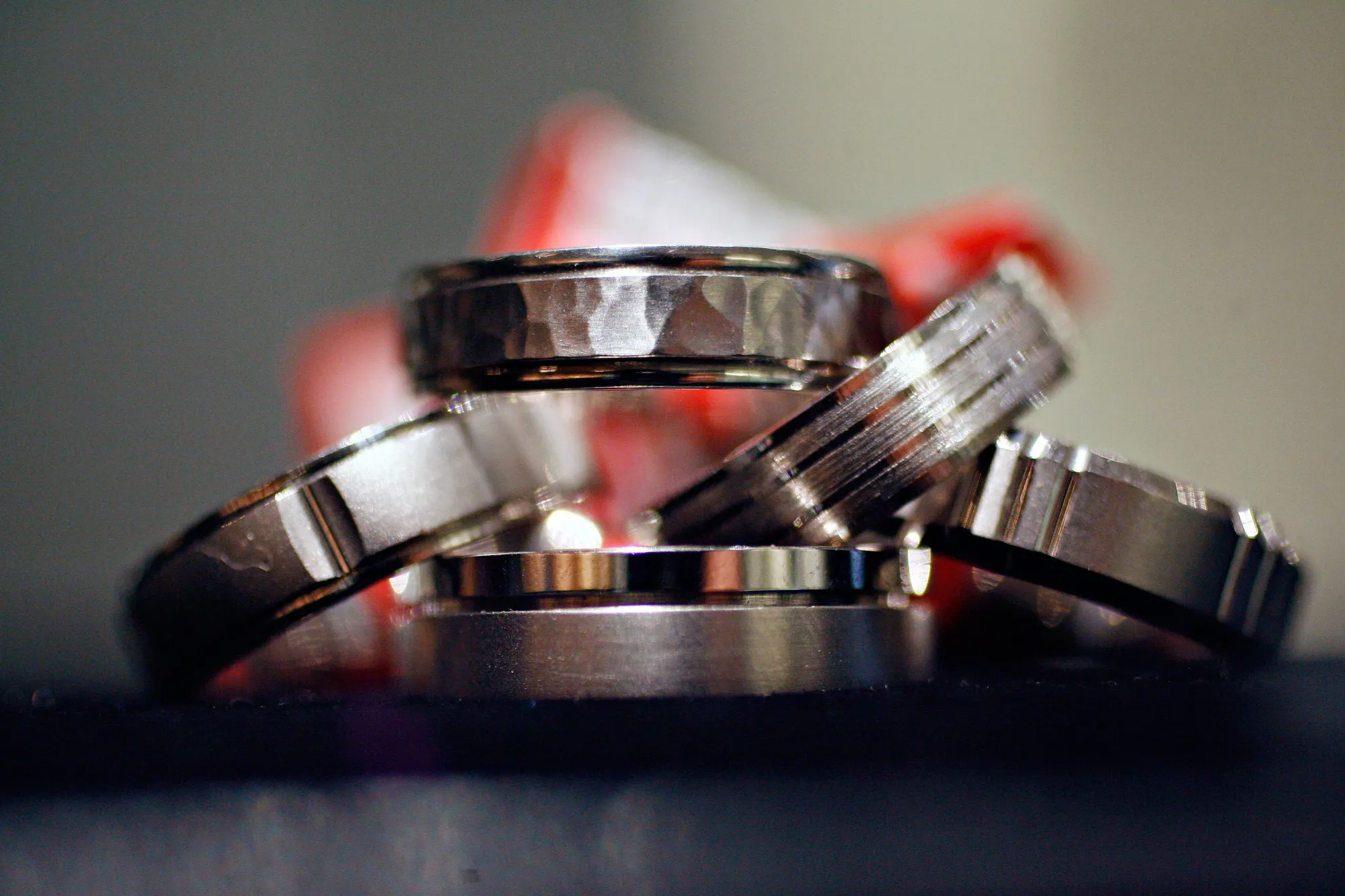 Palladium wedding bands are displayed for a photograph in a a store in New York.
