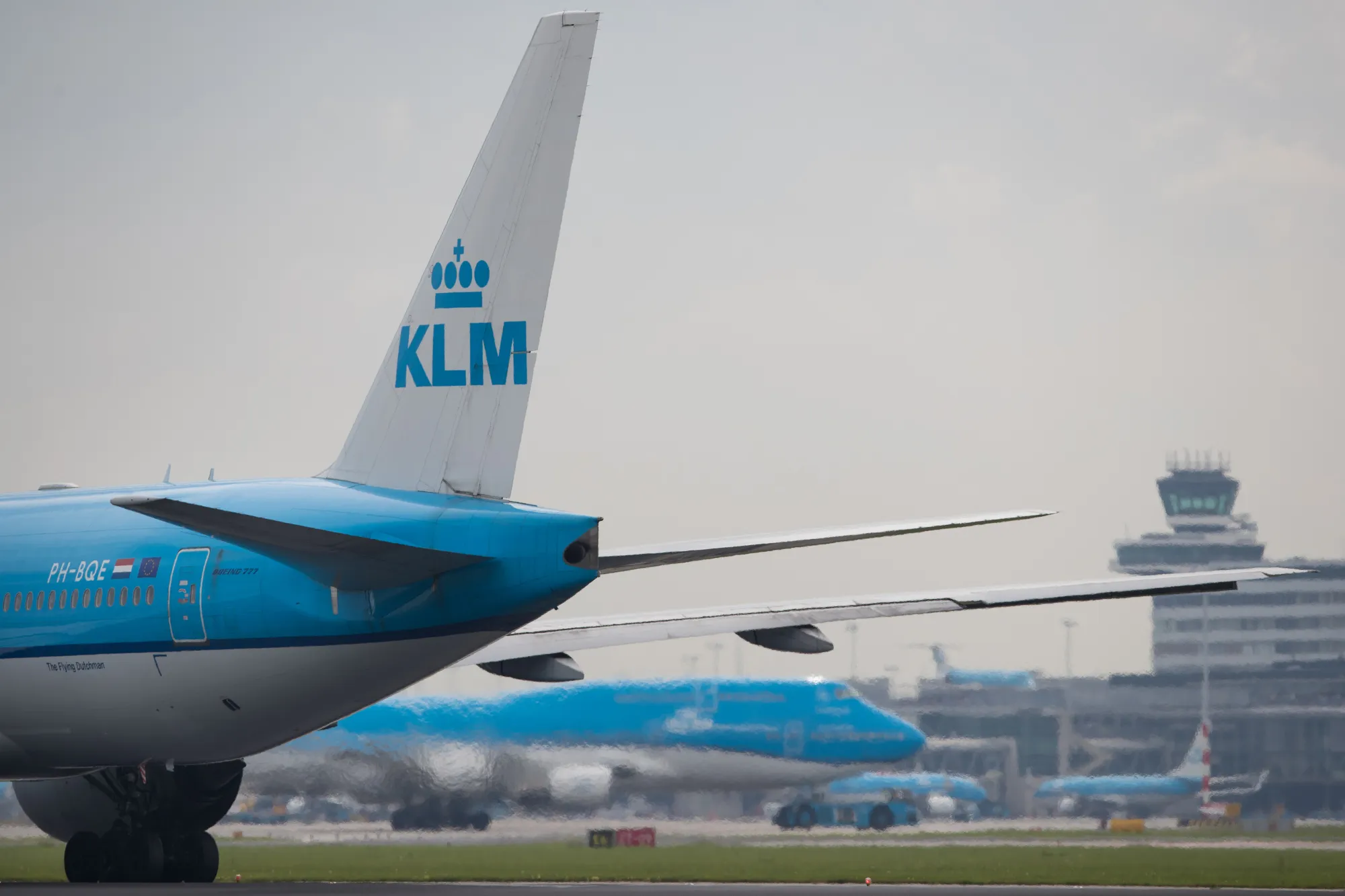 Passenger aircraft operated by KLM, the Dutch arm of Air France-KLM Group, on the tarmac at Schiphol airport in Amsterdam.
