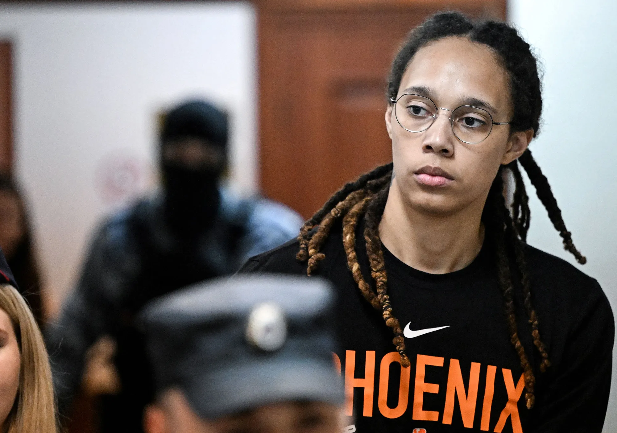 Brittney Griner arrives to a hearing at the Khimki Court, outside Moscow on July 27.